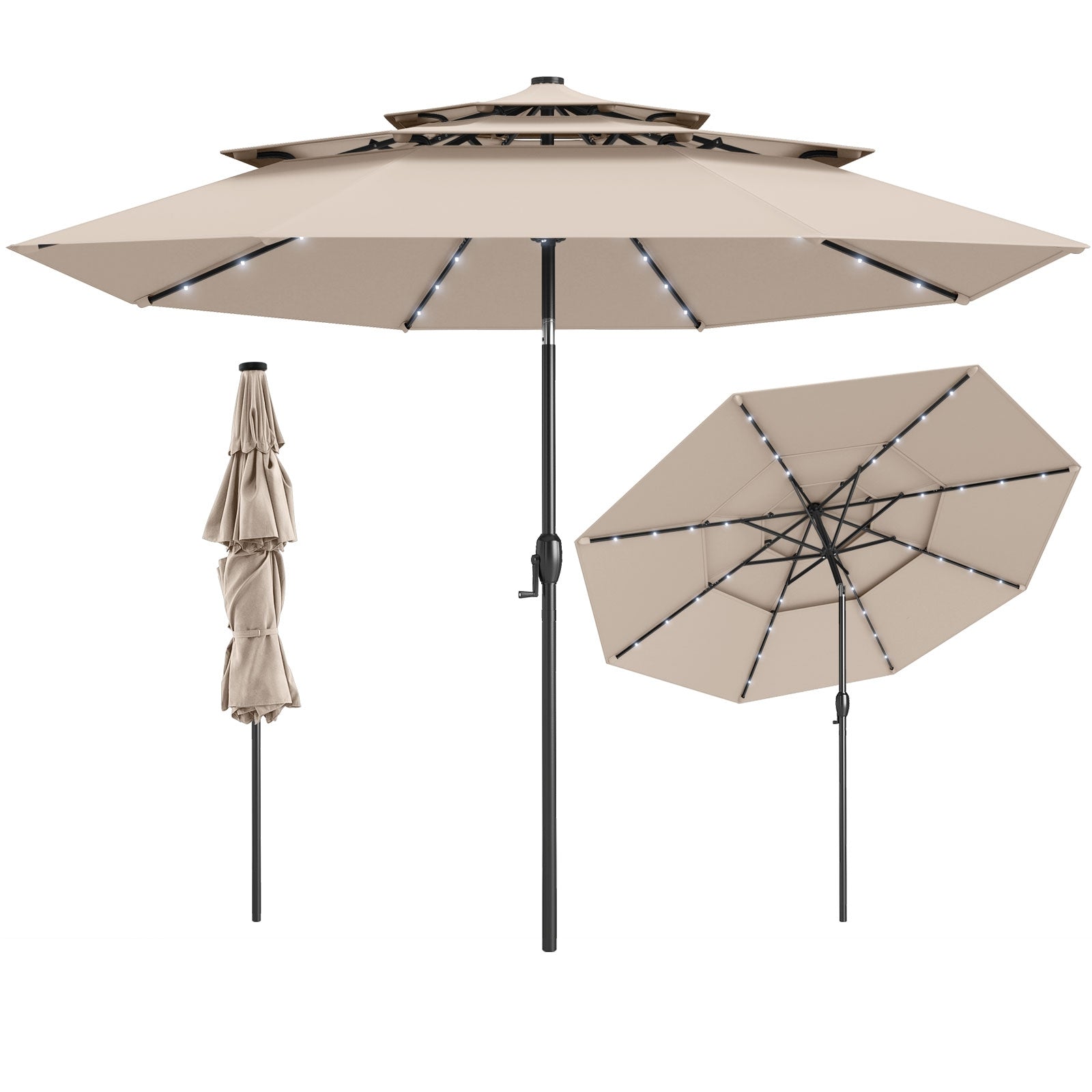 10 Feet Solar Patio Umbrella with 32 LED Lights 3-Tier Vented Top, Beige Outdoor Umbrellas Beige at Gallery Canada