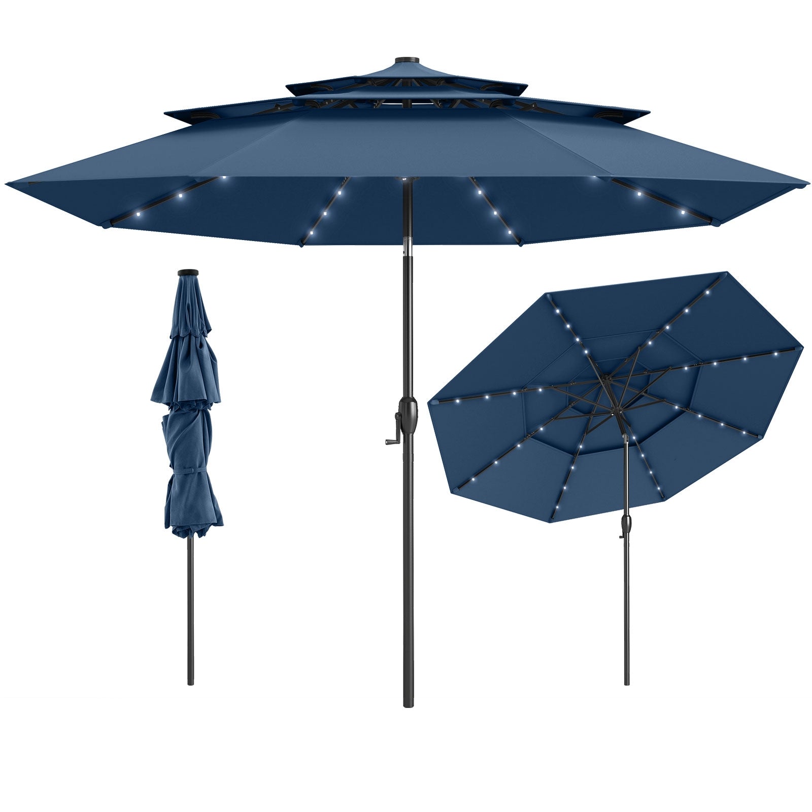 10 Feet Solar Patio Umbrella with 32 LED Lights 3-Tier Vented Top, Navy Outdoor Umbrellas Navy at Gallery Canada