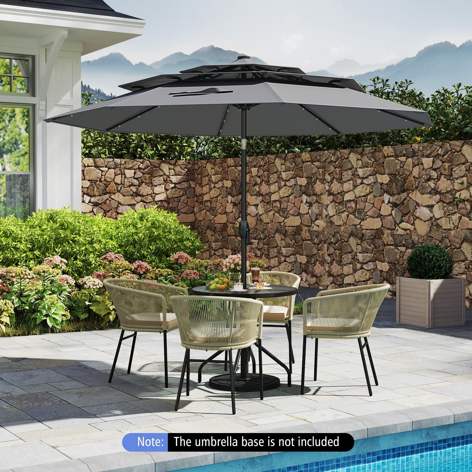 10 Feet Solar Patio Umbrella with 32 LED Lights 3-Tier Vented Top, Gray Outdoor Umbrellas Gray at Gallery Canada