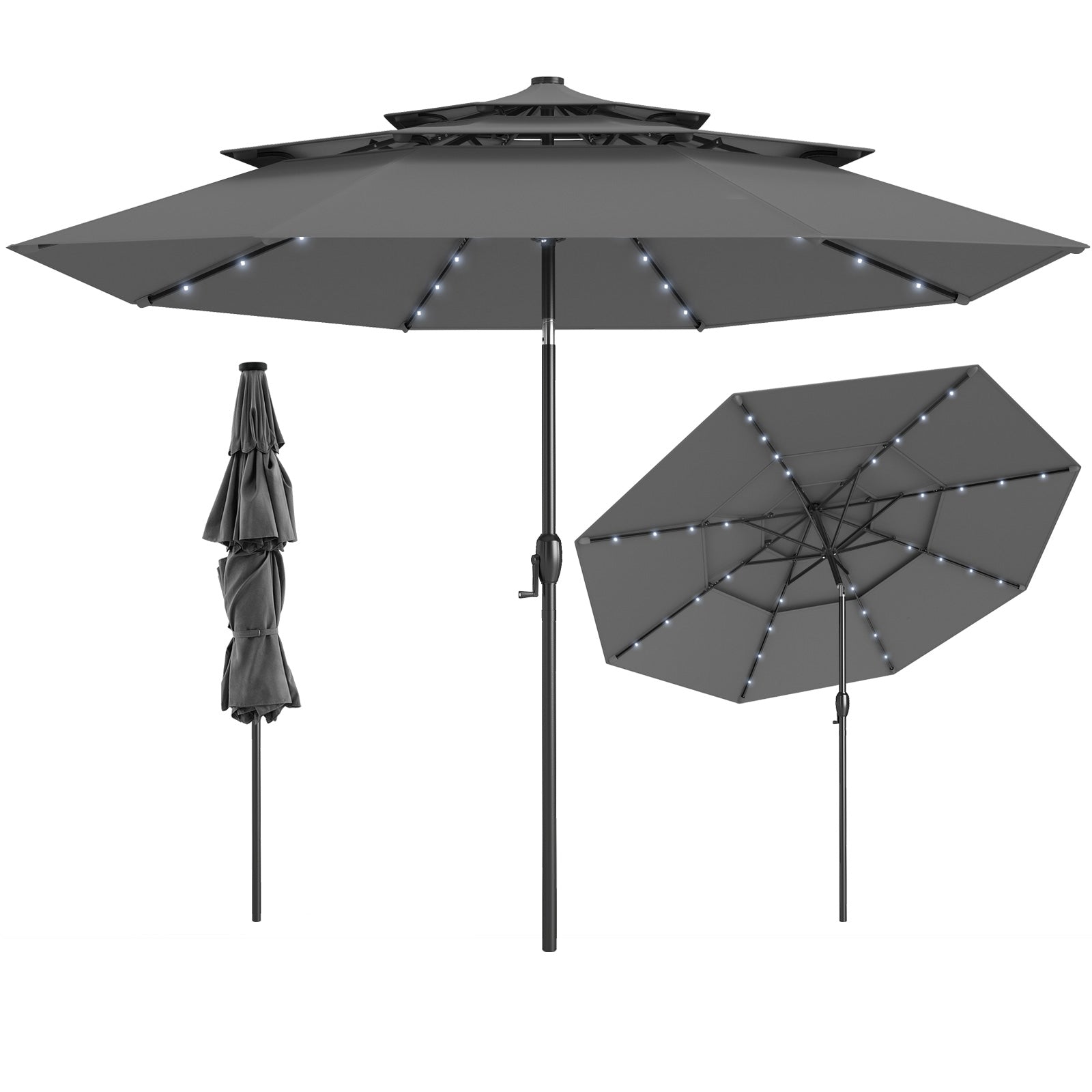 10 Feet Solar Patio Umbrella with 32 LED Lights 3-Tier Vented Top, Gray Outdoor Umbrellas Gray at Gallery Canada
