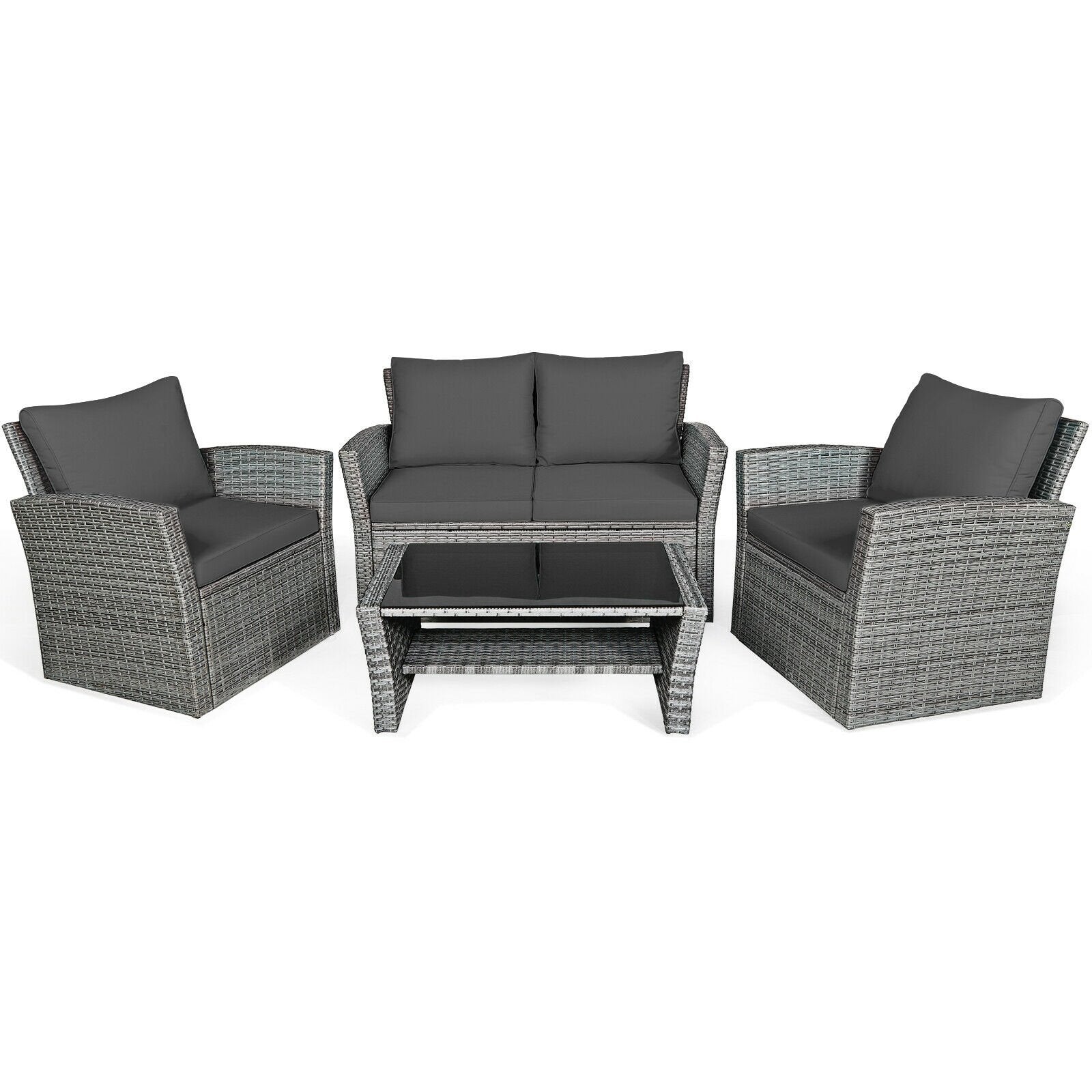 4 Pieces Patio Rattan Furniture Set Sofa Table with Storage Shelf Cushion, Gray Patio Conversation Sets Gray  at Gallery Canada