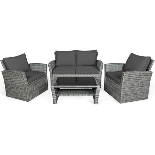 4 Pieces Patio Rattan Furniture Set Sofa Table with Storage Shelf Cushion, Gray