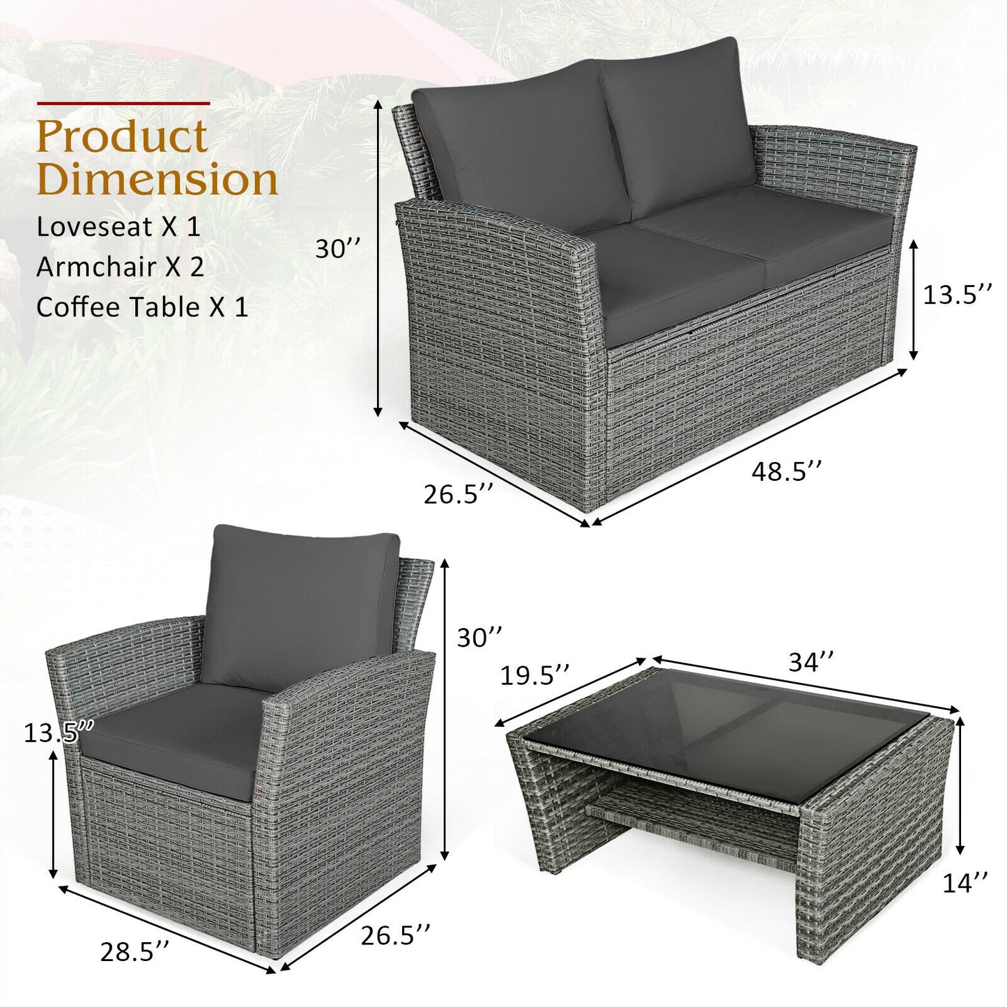 4 Pieces Patio Rattan Furniture Set Sofa Table with Storage Shelf Cushion, Gray Patio Conversation Sets   at Gallery Canada