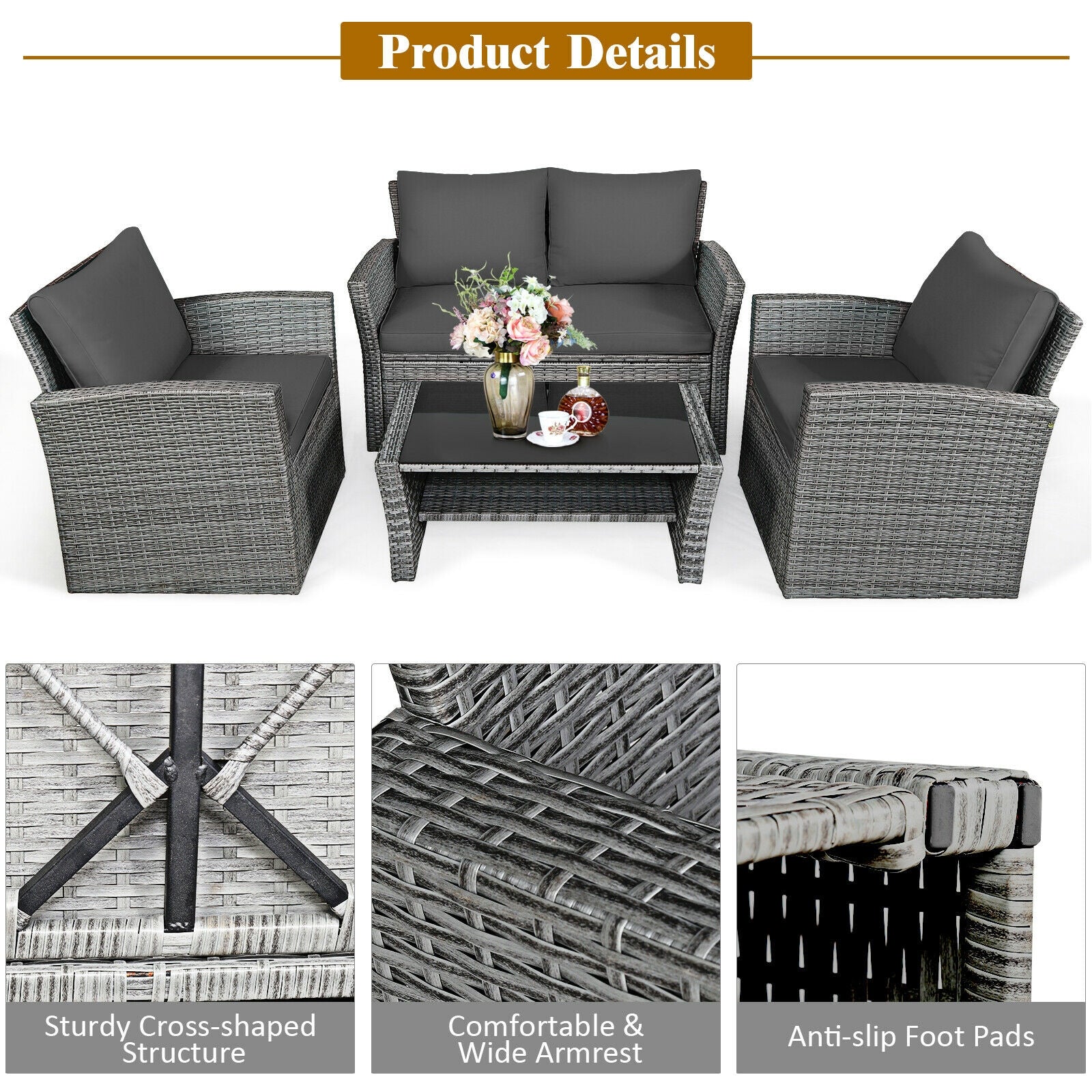 4 Pieces Patio Rattan Furniture Set Sofa Table with Storage Shelf Cushion, Gray Patio Conversation Sets   at Gallery Canada