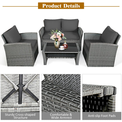 4 Pieces Patio Rattan Furniture Set Sofa Table with Storage Shelf Cushion, Gray Patio Conversation Sets   at Gallery Canada