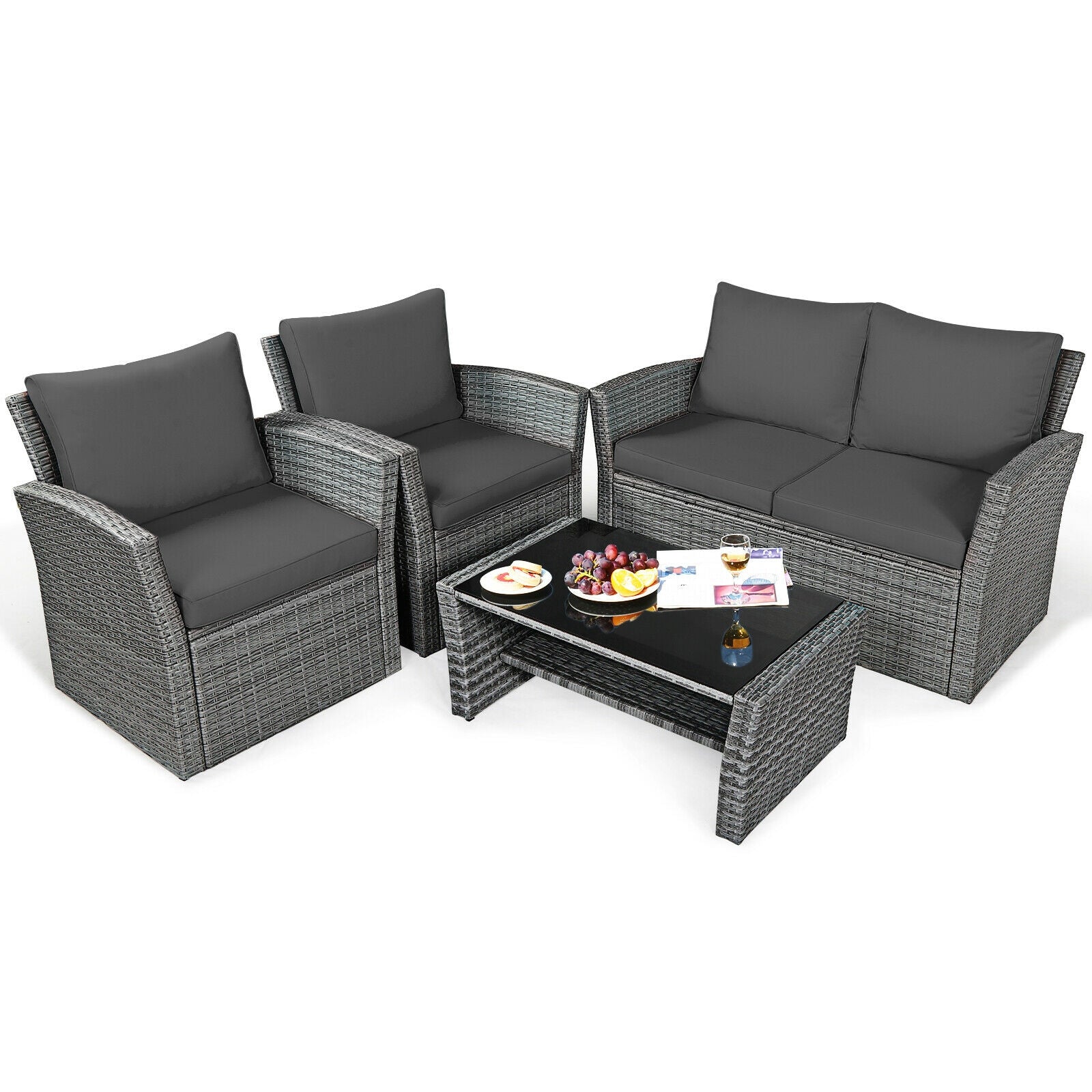 4 Pieces Patio Rattan Furniture Set Sofa Table with Storage Shelf Cushion, Gray Patio Conversation Sets   at Gallery Canada