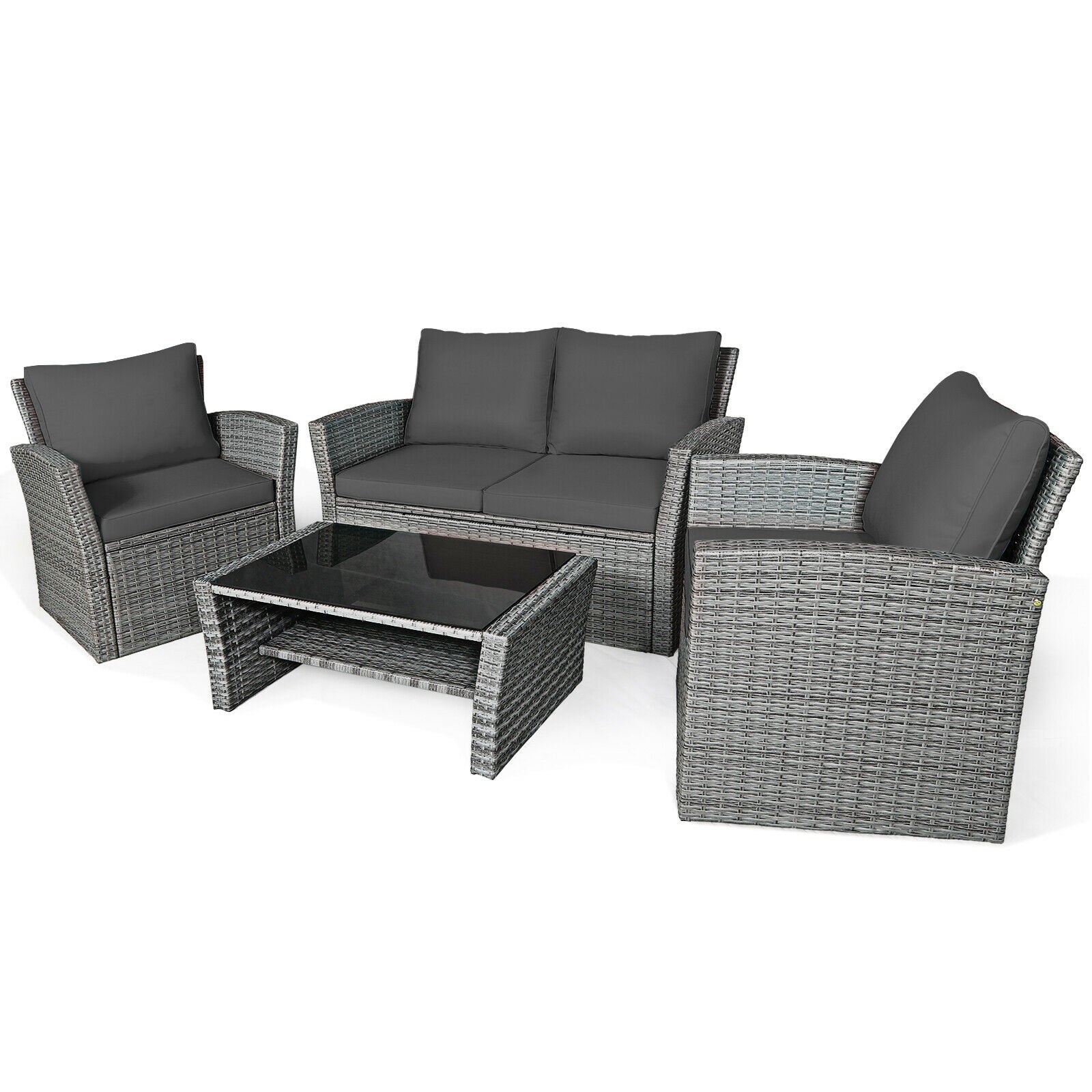 4 Pieces Patio Rattan Furniture Set Sofa Table with Storage Shelf Cushion, Gray Patio Conversation Sets   at Gallery Canada