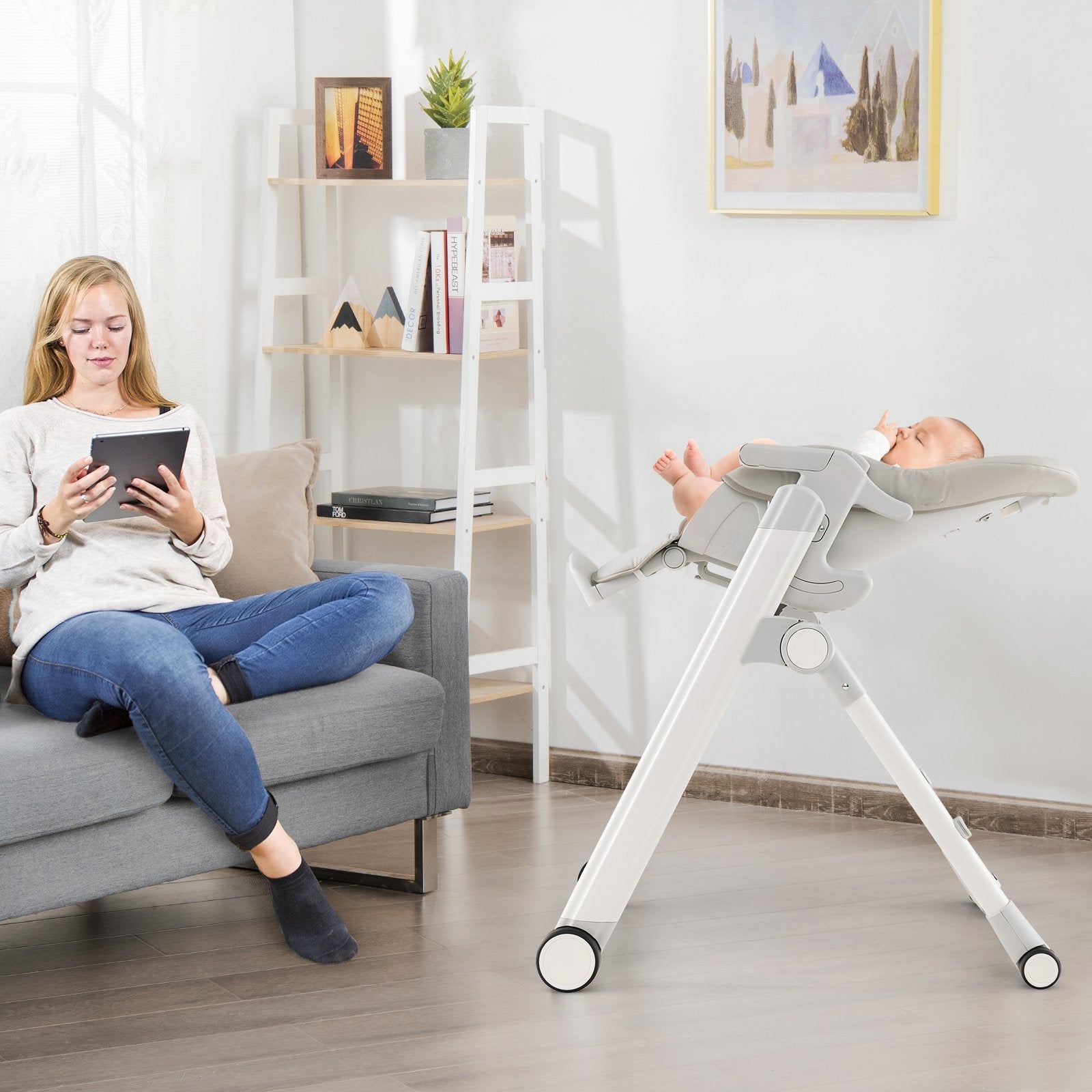 Foldable Feeding Sleep Playing High Chair with Recline Backrest for Babies and Toddlers, Light Gray High Chairs   at Gallery Canada