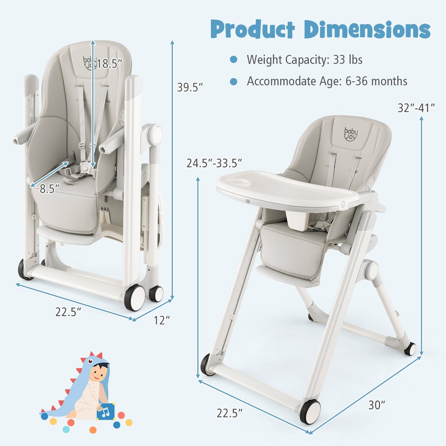 Foldable Feeding Sleep Playing High Chair with Recline Backrest for Babies and Toddlers, Light Gray High Chairs   at Gallery Canada
