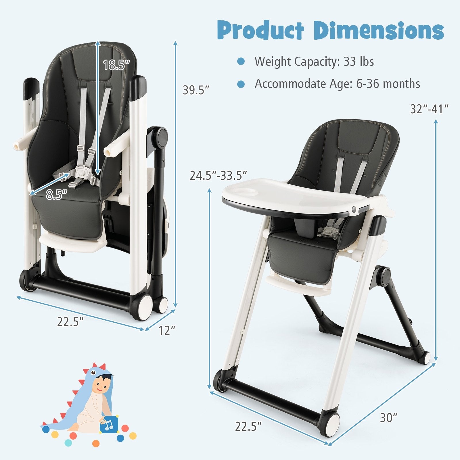Foldable Feeding Sleep Playing High Chair with Recline Backrest for Babies and Toddlers, Dark Gray High Chairs   at Gallery Canada