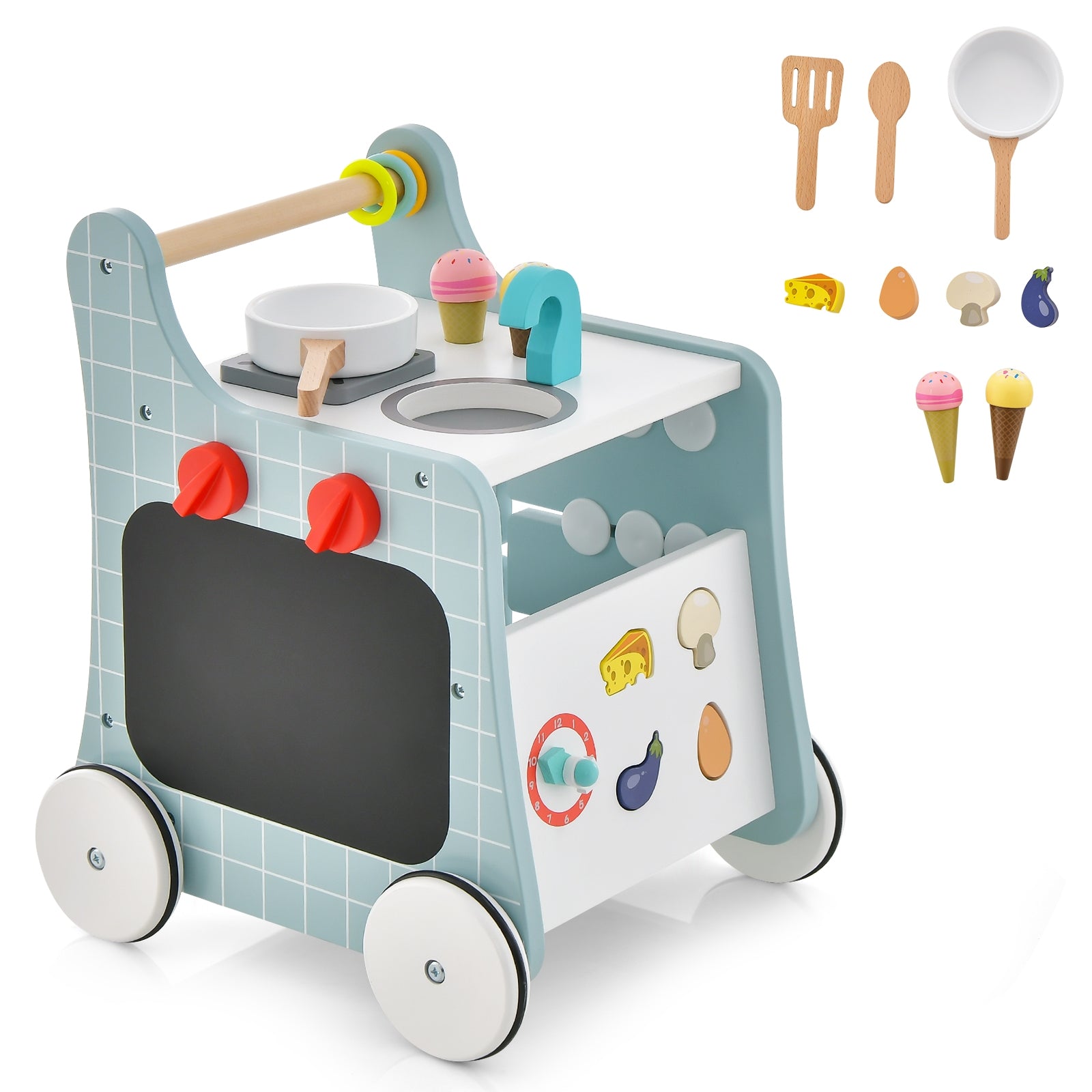 6-in-1 Wooden Baby Stroller with Play Kitchen for Kids Over 12 Months, Blue Baby Walkers Blue at Gallery Canada