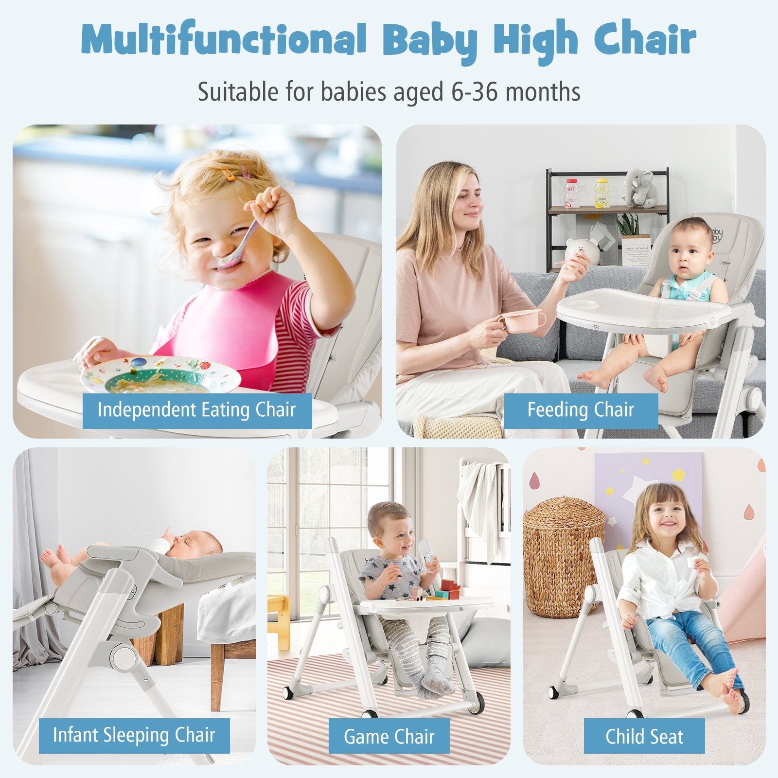 Foldable Feeding Sleep Playing High Chair with Recline Backrest for Babies and Toddlers, Light Gray High Chairs   at Gallery Canada