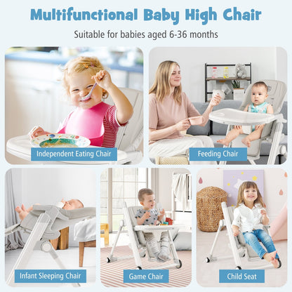 Foldable Feeding Sleep Playing High Chair with Recline Backrest for Babies and Toddlers, Light Gray High Chairs   at Gallery Canada