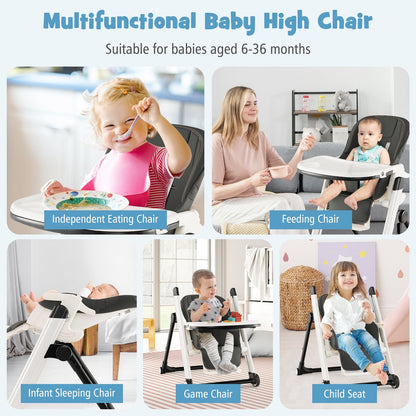 Foldable Feeding Sleep Playing High Chair with Recline Backrest for Babies and Toddlers, Dark Gray High Chairs   at Gallery Canada