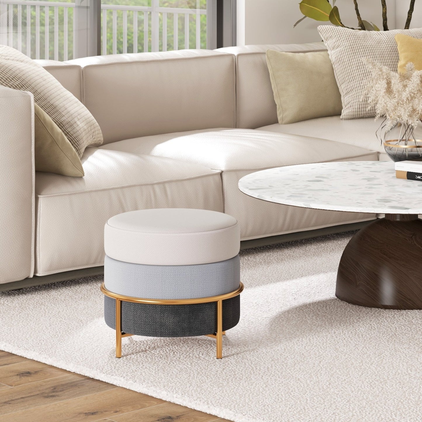 Upholstered Linen Fabric Ottoman with Gold Metal Legs and Anti-slip Foot Pads, Gray Ottomans   at Gallery Canada