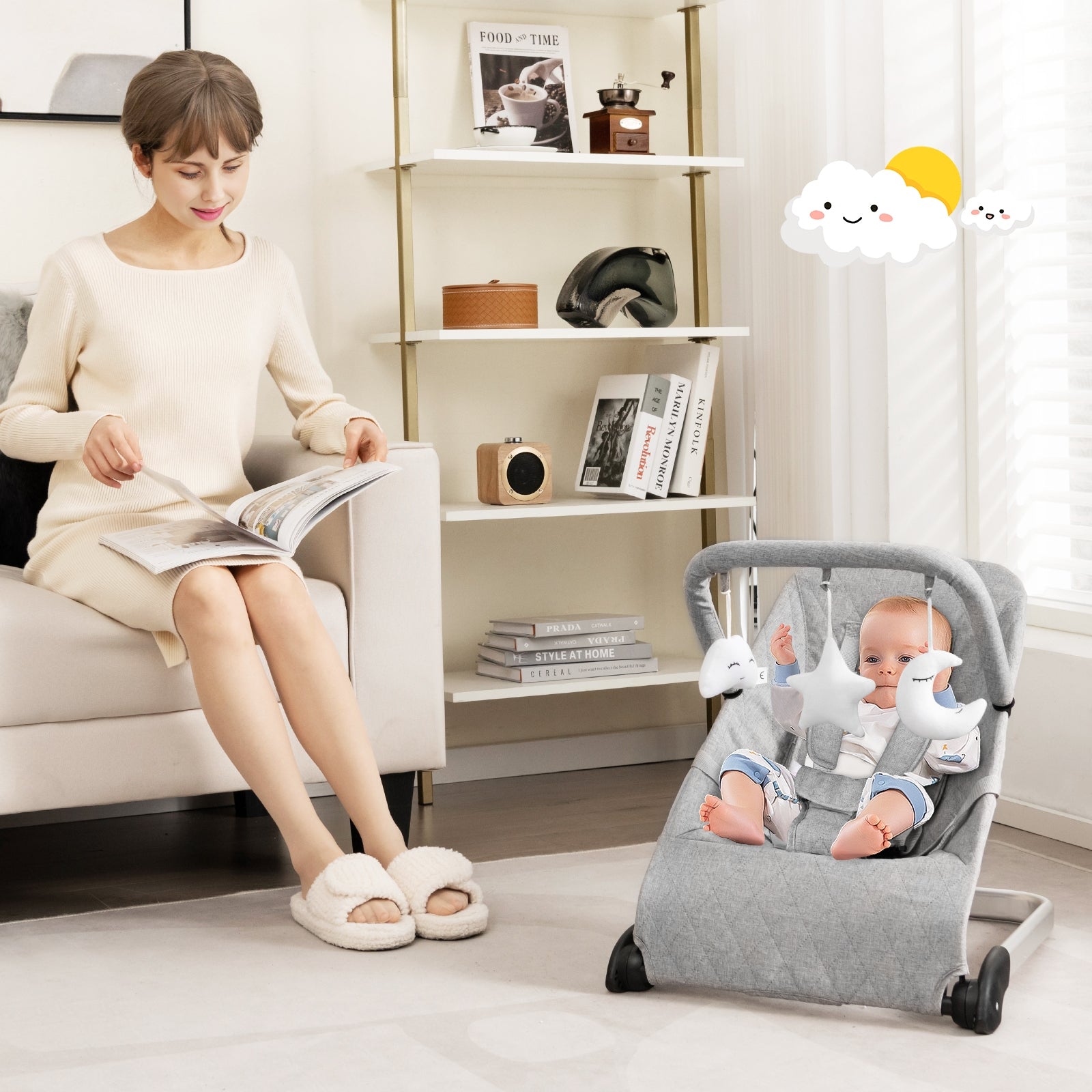 Foldable Baby Bouncer with Removable Fabric Cover and Toy Bar, Gray Baby Bouncer & Rocker at Gallery Canada