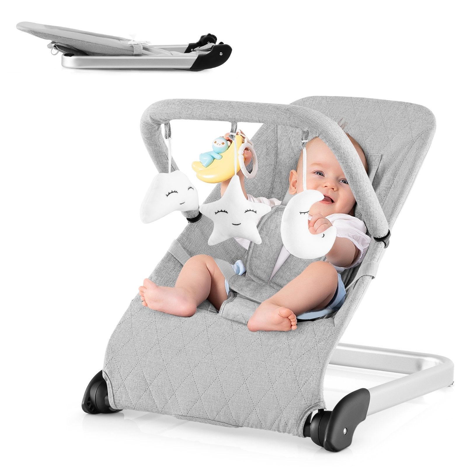 Foldable Baby Bouncer with Removable Fabric Cover and Toy Bar, Gray Baby Bouncer & Rocker   at Gallery Canada