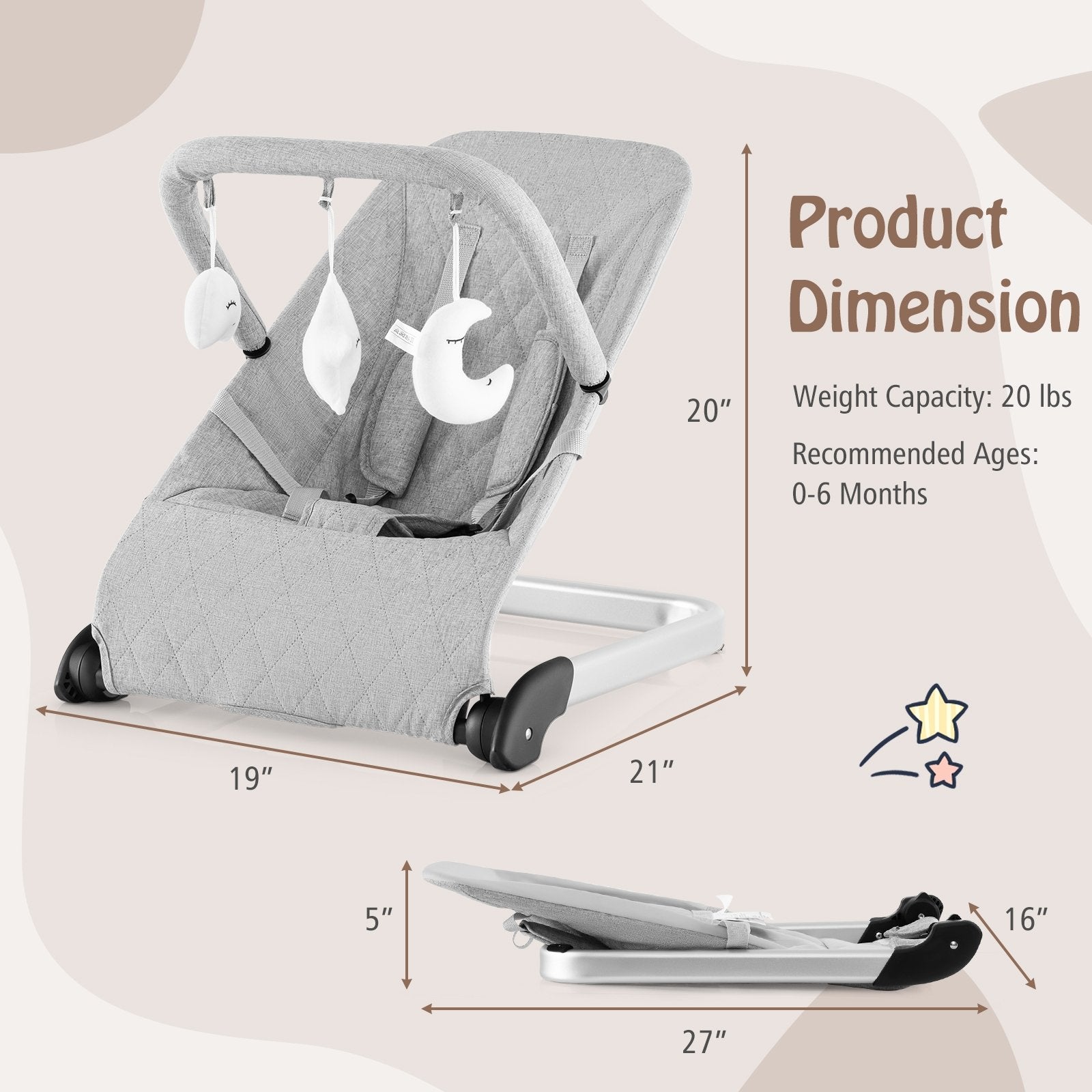 Foldable Baby Bouncer with Removable Fabric Cover and Toy Bar, Gray Baby Bouncer & Rocker   at Gallery Canada