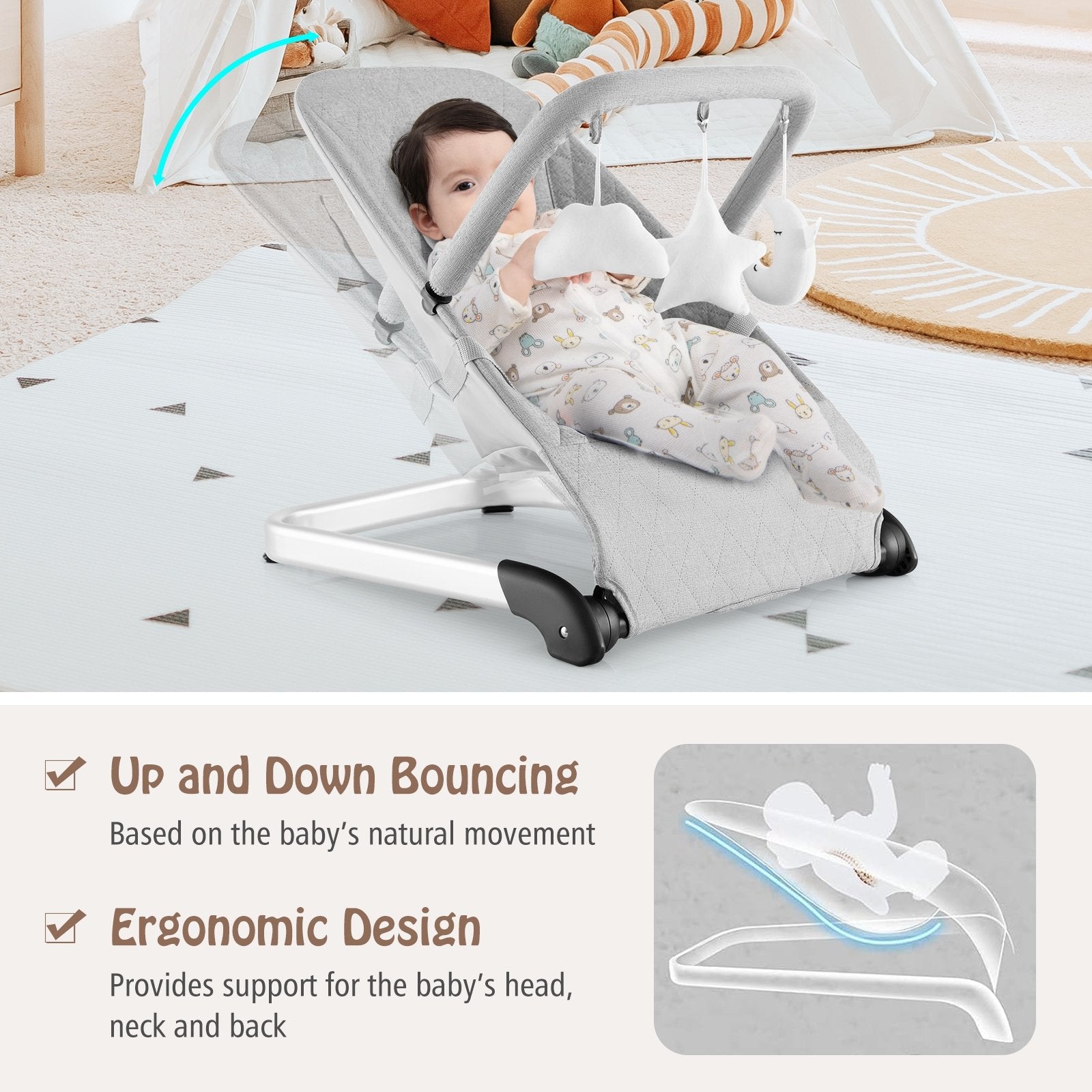 Foldable Baby Bouncer with Removable Fabric Cover and Toy Bar, Gray Baby Bouncer & Rocker   at Gallery Canada