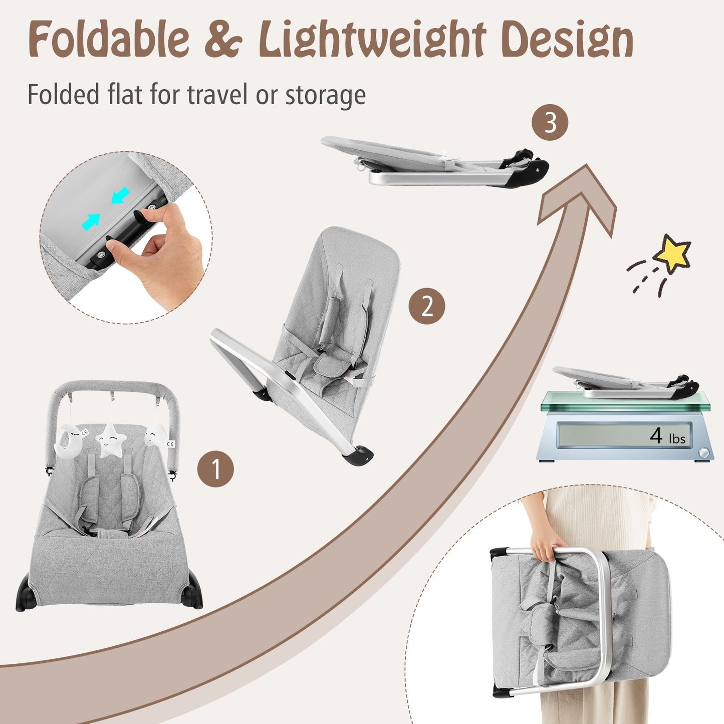 Foldable Baby Bouncer with Removable Fabric Cover and Toy Bar, Gray Baby Bouncer & Rocker   at Gallery Canada