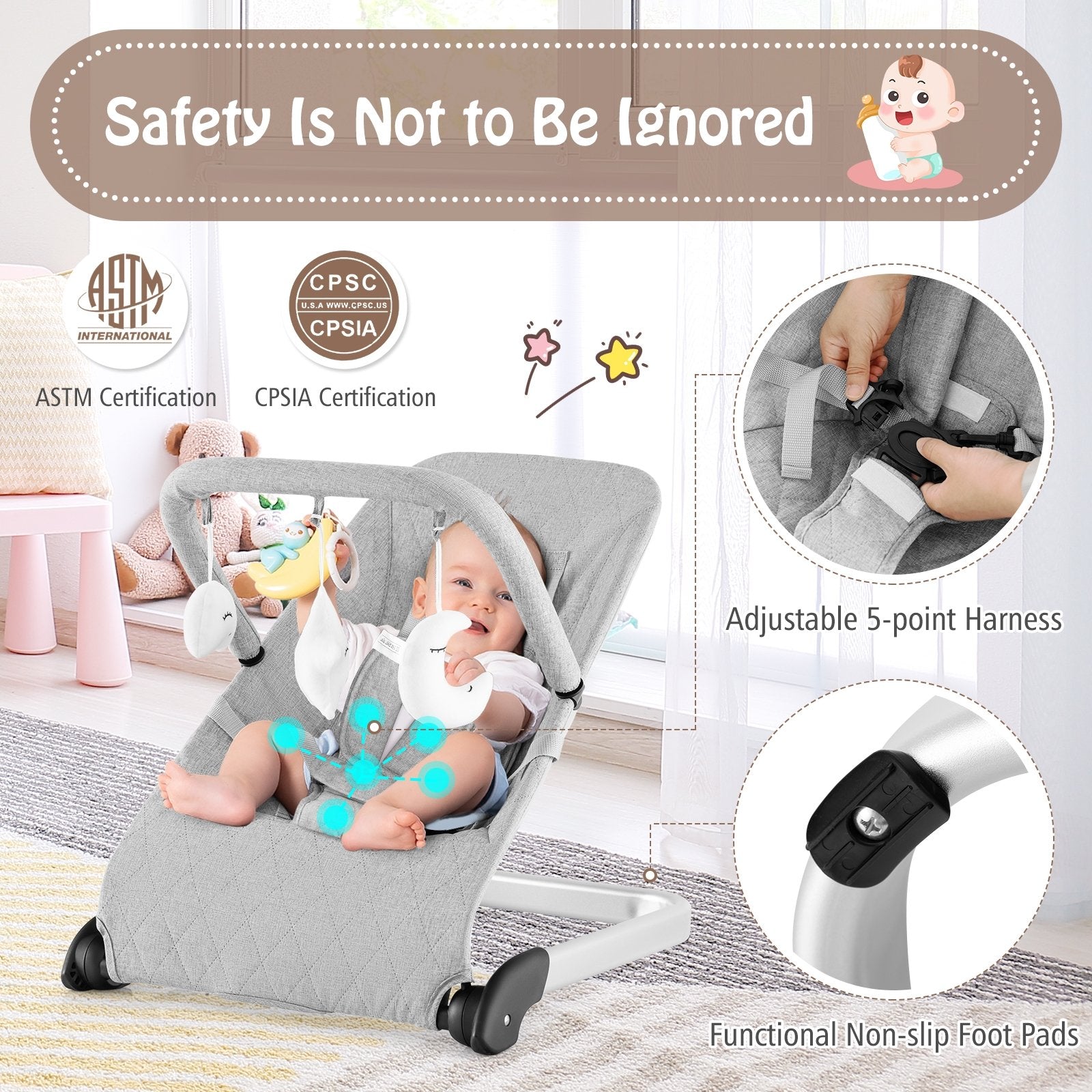 Foldable Baby Bouncer with Removable Fabric Cover and Toy Bar, Gray Baby Bouncer & Rocker   at Gallery Canada