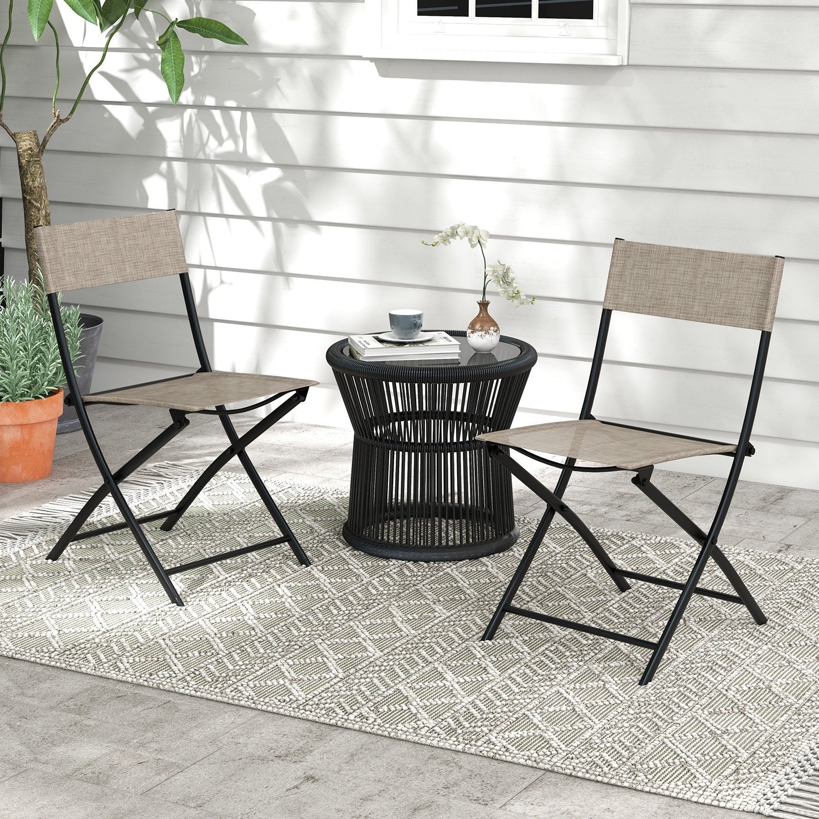 Patio Folding Chairs Set of 4 Lightweight Camping Chairs with Breathable Seat, Brown Outdoor Seating & Patio Chairs   at Gallery Canada