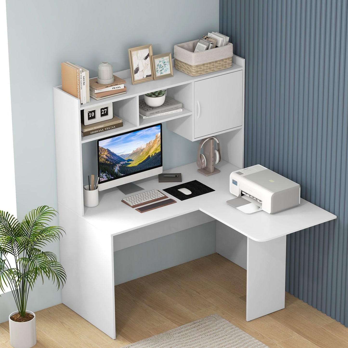 L-Shaped Desk Corner Computer Desk with Open Storage Hutch and Cabinet, White Computer Desks   at Gallery Canada