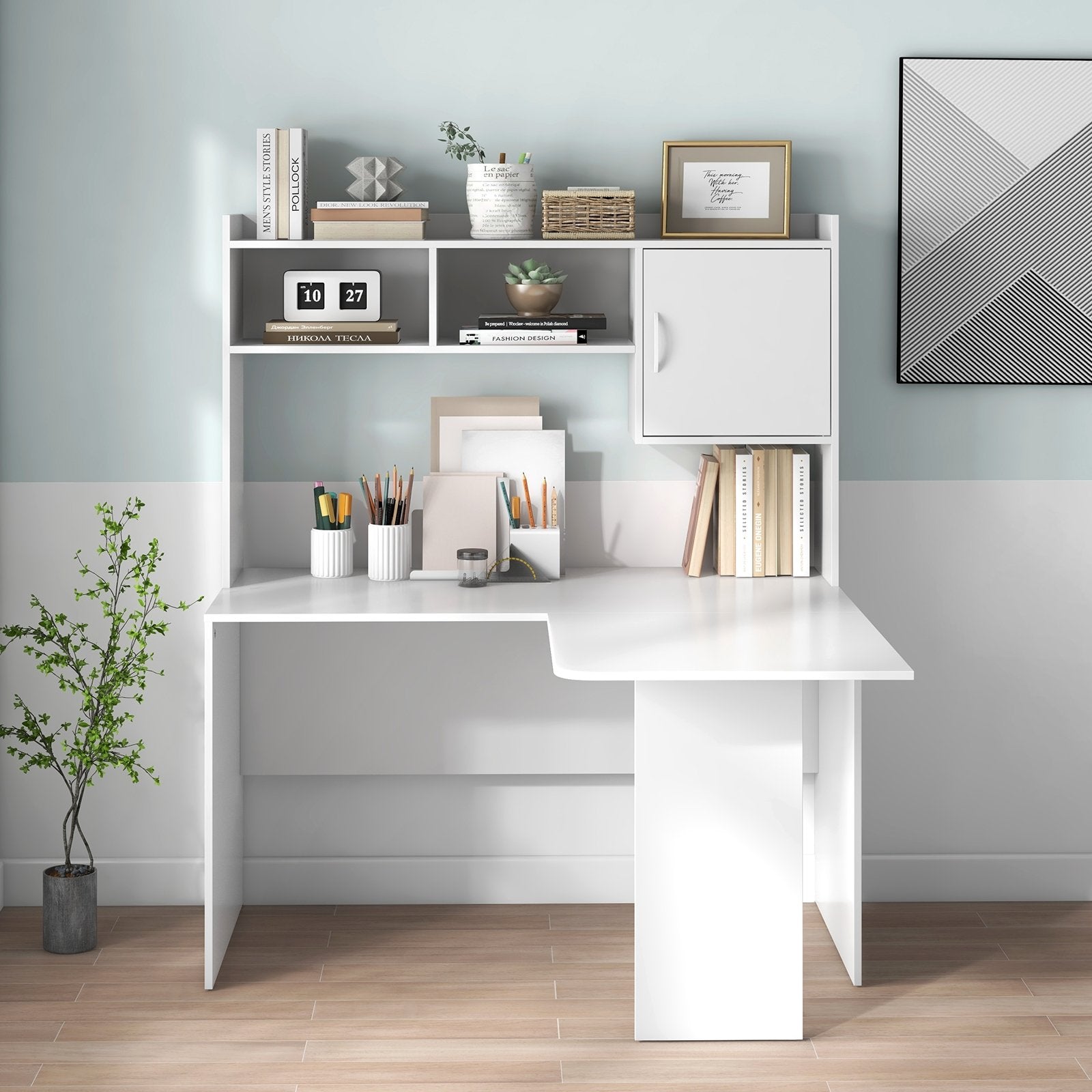 L-Shaped Desk Corner Computer Desk with Open Storage Hutch and Cabinet, White Computer Desks   at Gallery Canada