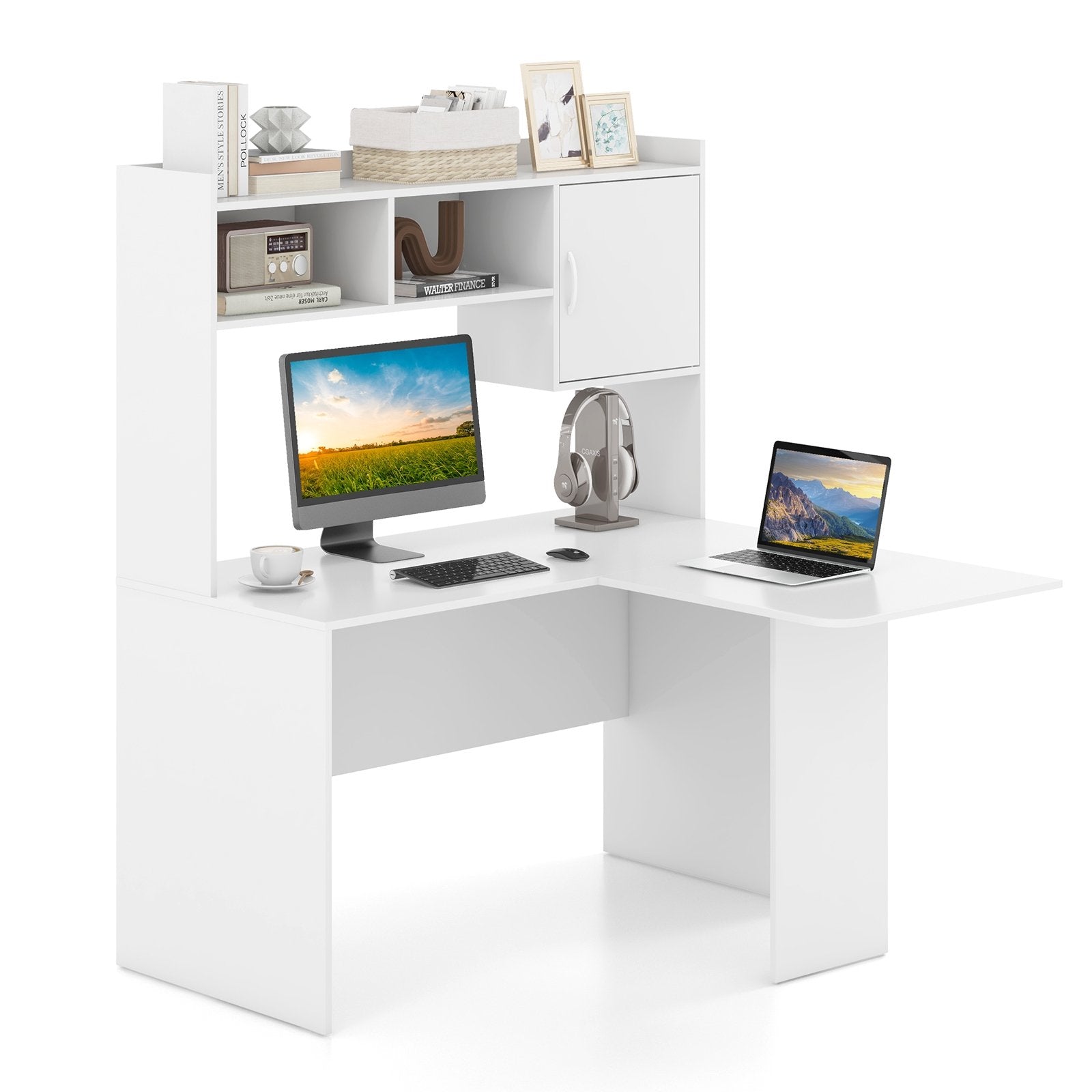 L-Shaped Desk Corner Computer Desk with Open Storage Hutch and Cabinet, White Computer Desks   at Gallery Canada