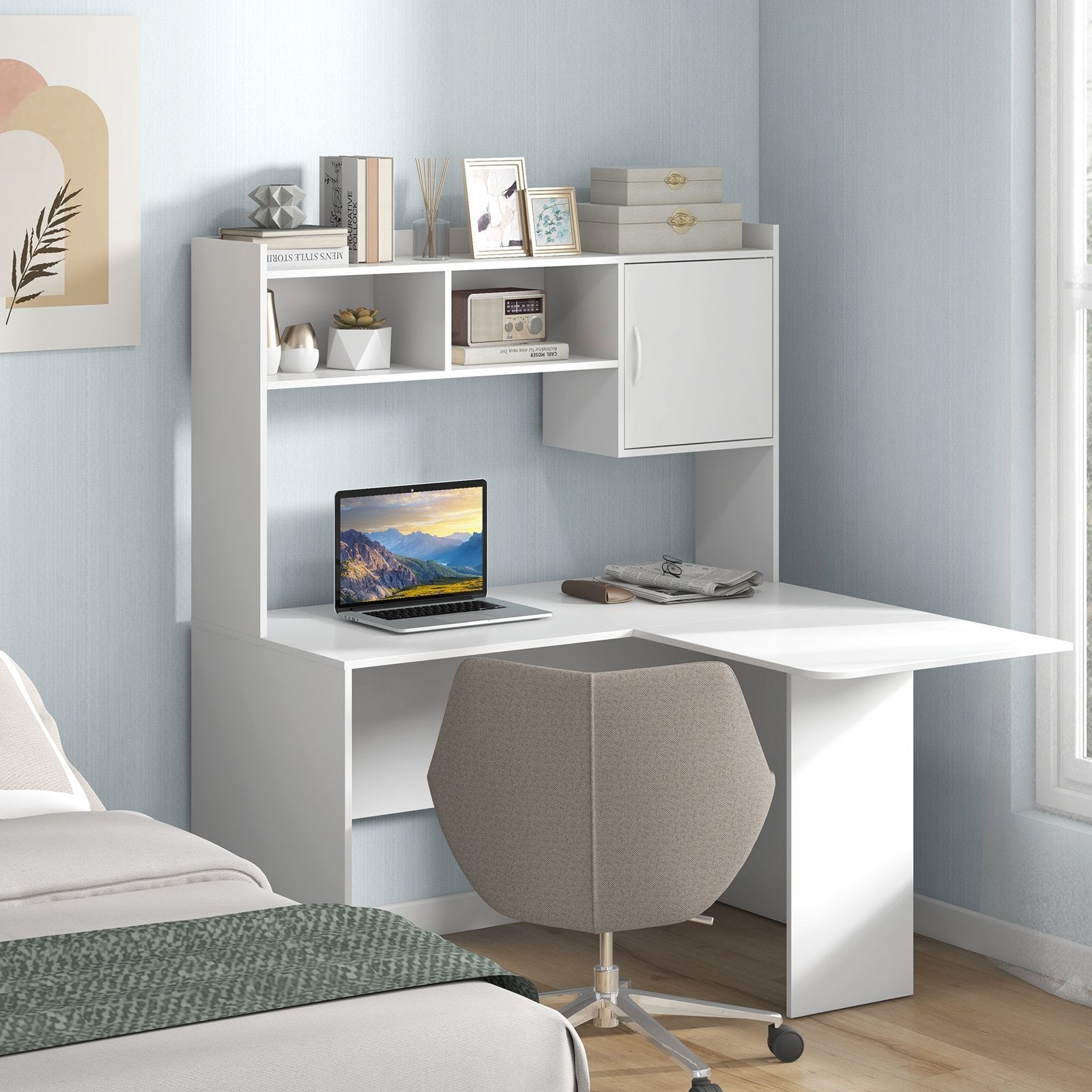 L-Shaped Desk Corner Computer Desk with Open Storage Hutch and Cabinet, White Computer Desks   at Gallery Canada