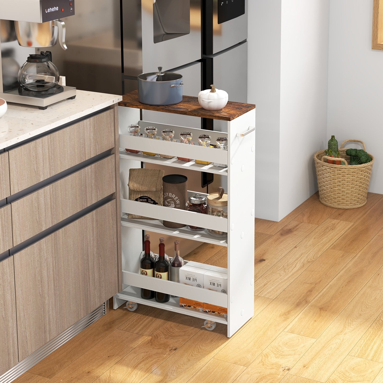 4-Tier Rolling Storage Cart Slim Kitchen Cart on Wheels with Open Shelves and Handle, Rustic Brown Kitchen Islands & Carts   at Gallery Canada