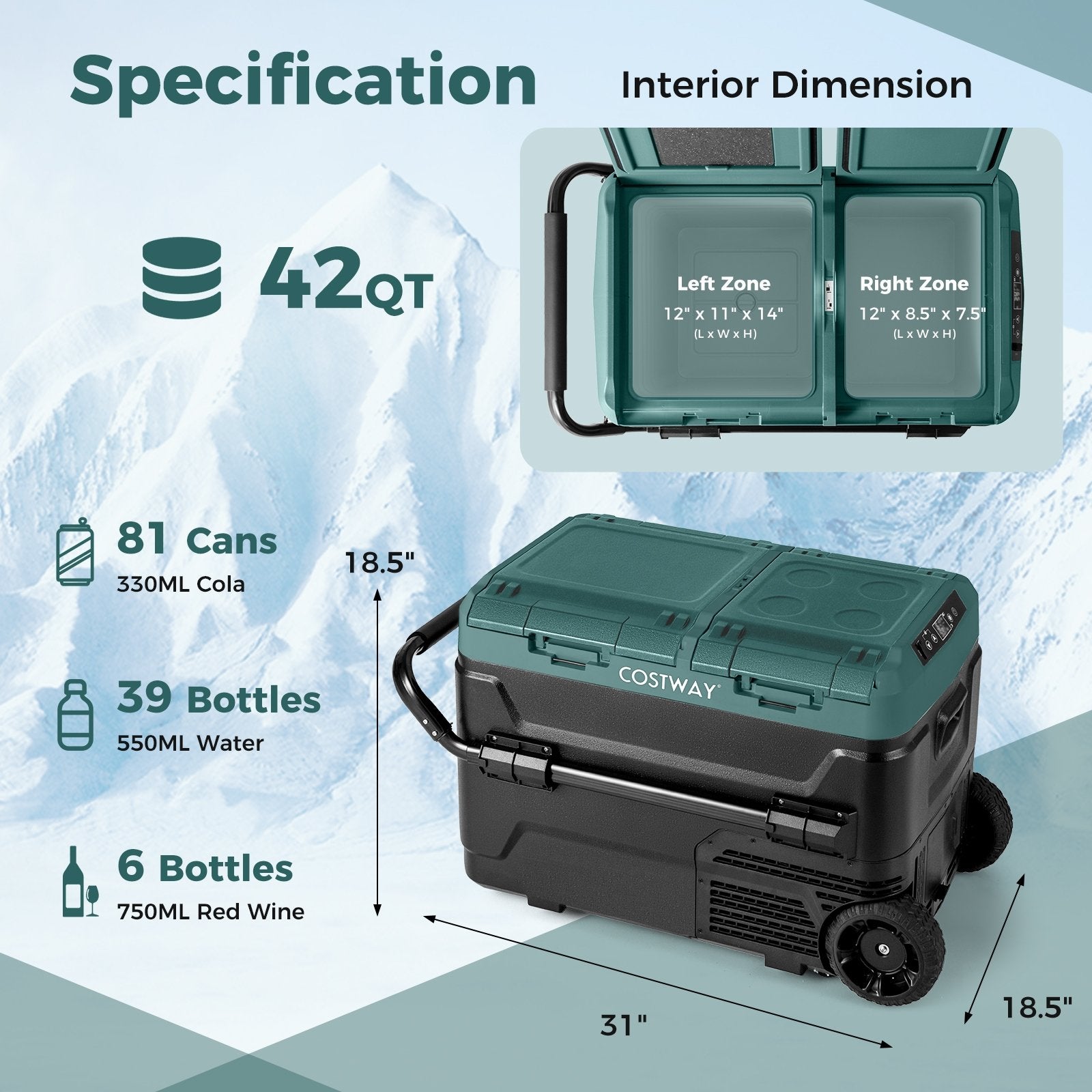 Dual Zone 12V  42QT Car Refrigerator for Vehicles Camping Travel Truck RV Boat Outdoor and Home Use, Green Coolers   at Gallery Canada