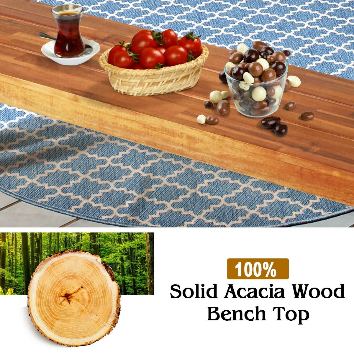 Patio Acacia Wood Dining Bench Seat with Steel Legs, Brown Outdoor Benches   at Gallery Canada