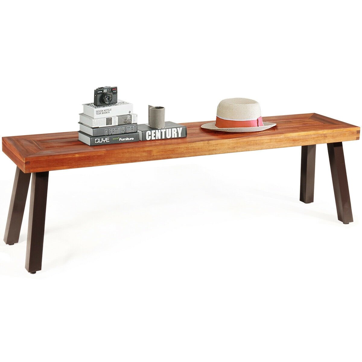 Patio Acacia Wood Dining Bench Seat with Steel Legs, Brown Outdoor Benches   at Gallery Canada