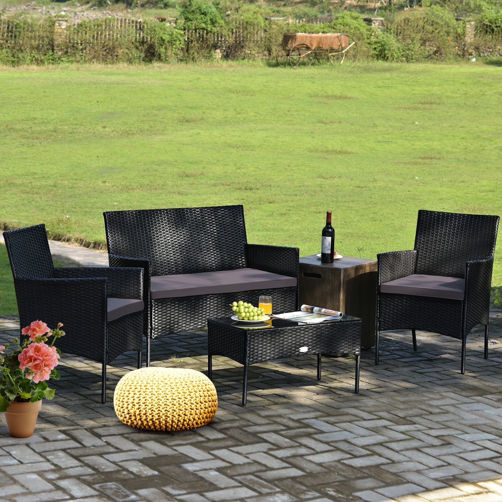 4 Pieces Patio Rattan Cushioned Sofa Set with Tempered Glass Coffee Table, Gray Patio Conversation Sets   at Gallery Canada