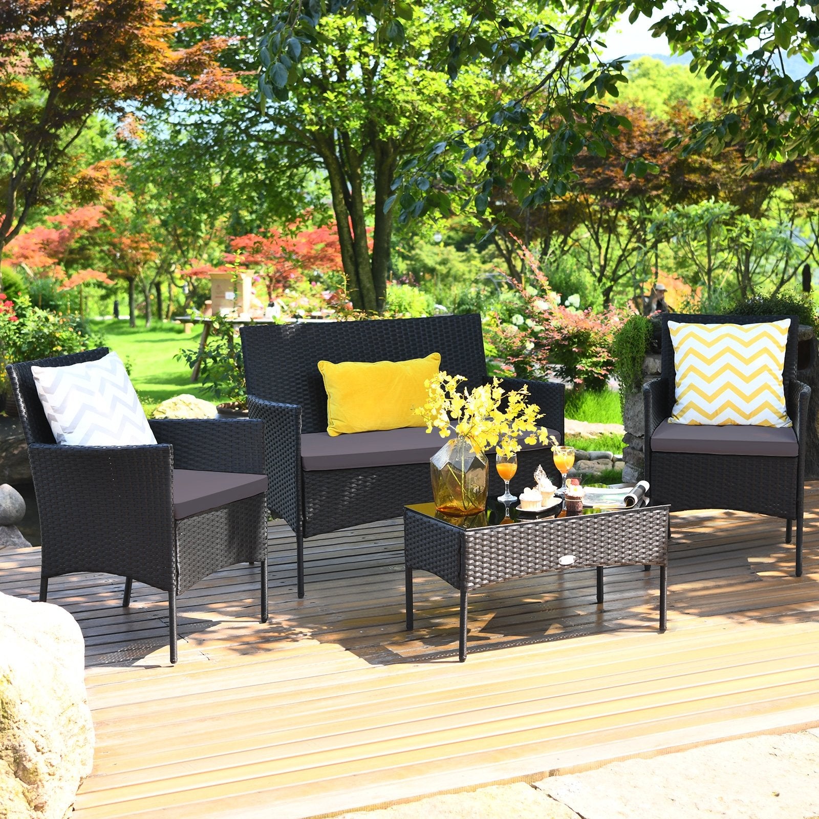 4 Pieces Patio Rattan Cushioned Sofa Set with Tempered Glass Coffee Table, Gray Patio Conversation Sets   at Gallery Canada