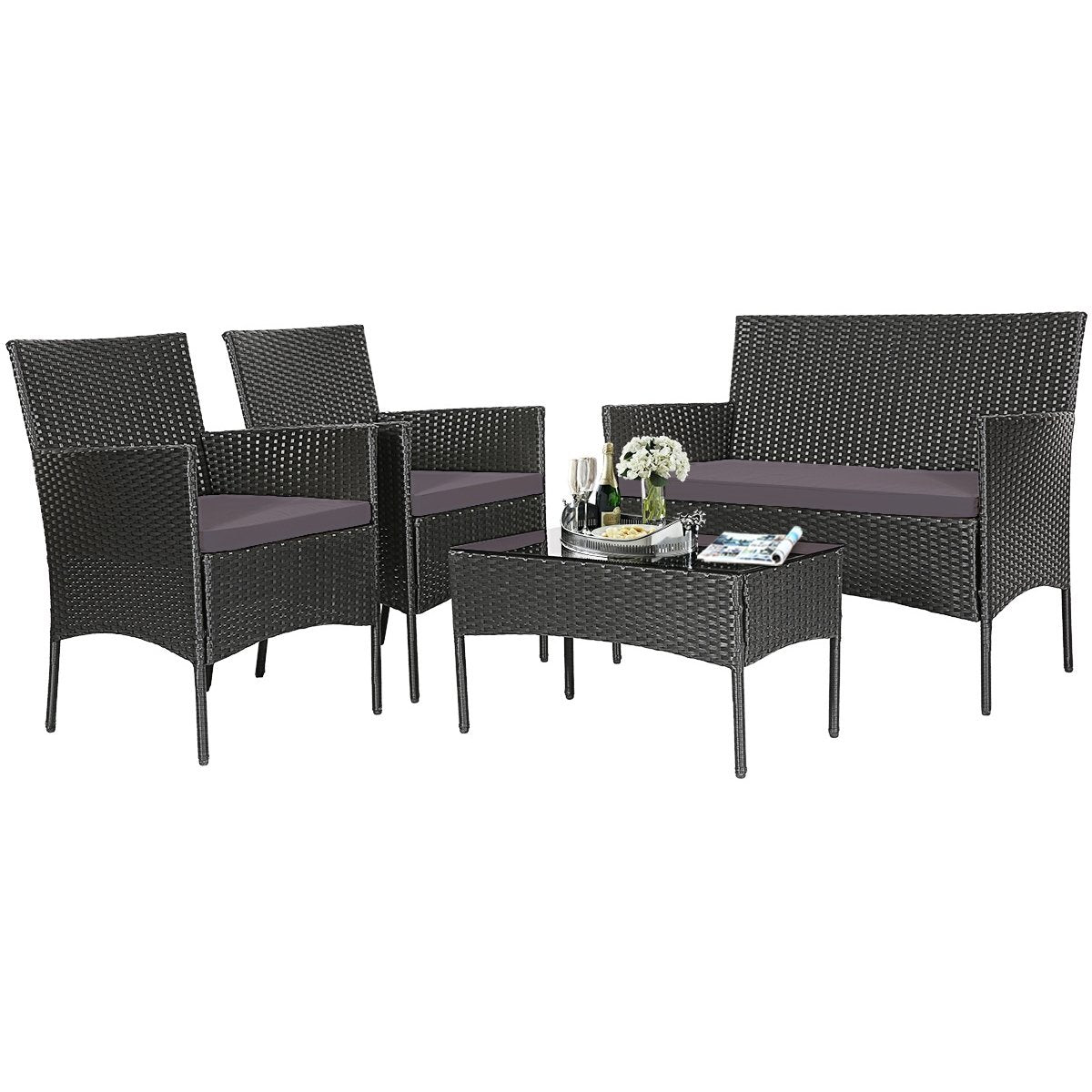 4 Pieces Patio Rattan Cushioned Sofa Set with Tempered Glass Coffee Table, Gray Patio Conversation Sets   at Gallery Canada