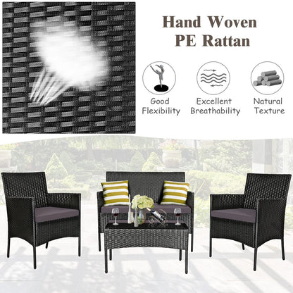 4 Pieces Patio Rattan Cushioned Sofa Set with Tempered Glass Coffee Table, Gray Patio Conversation Sets   at Gallery Canada