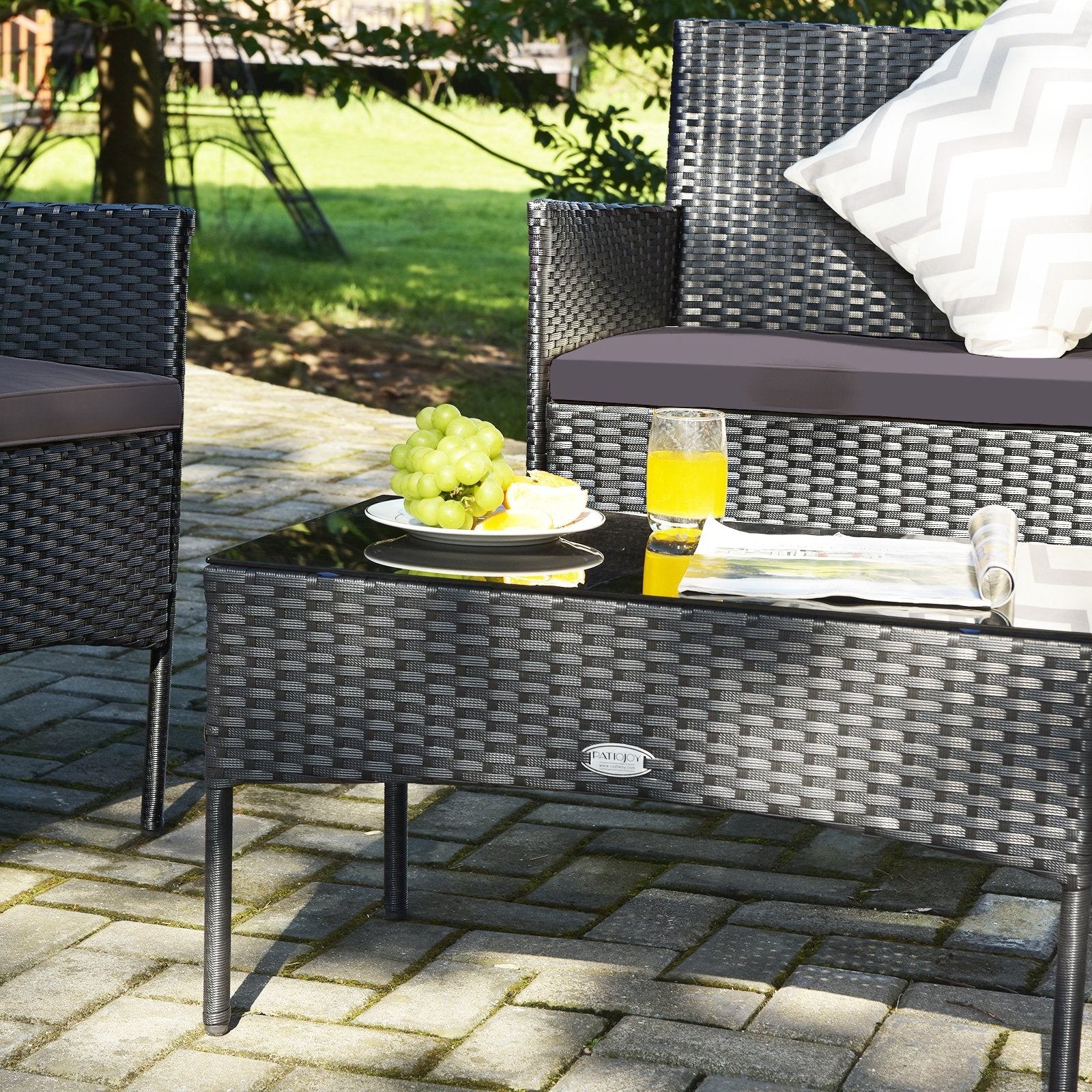 4 Pieces Patio Rattan Cushioned Sofa Set with Tempered Glass Coffee Table, Gray Patio Conversation Sets   at Gallery Canada