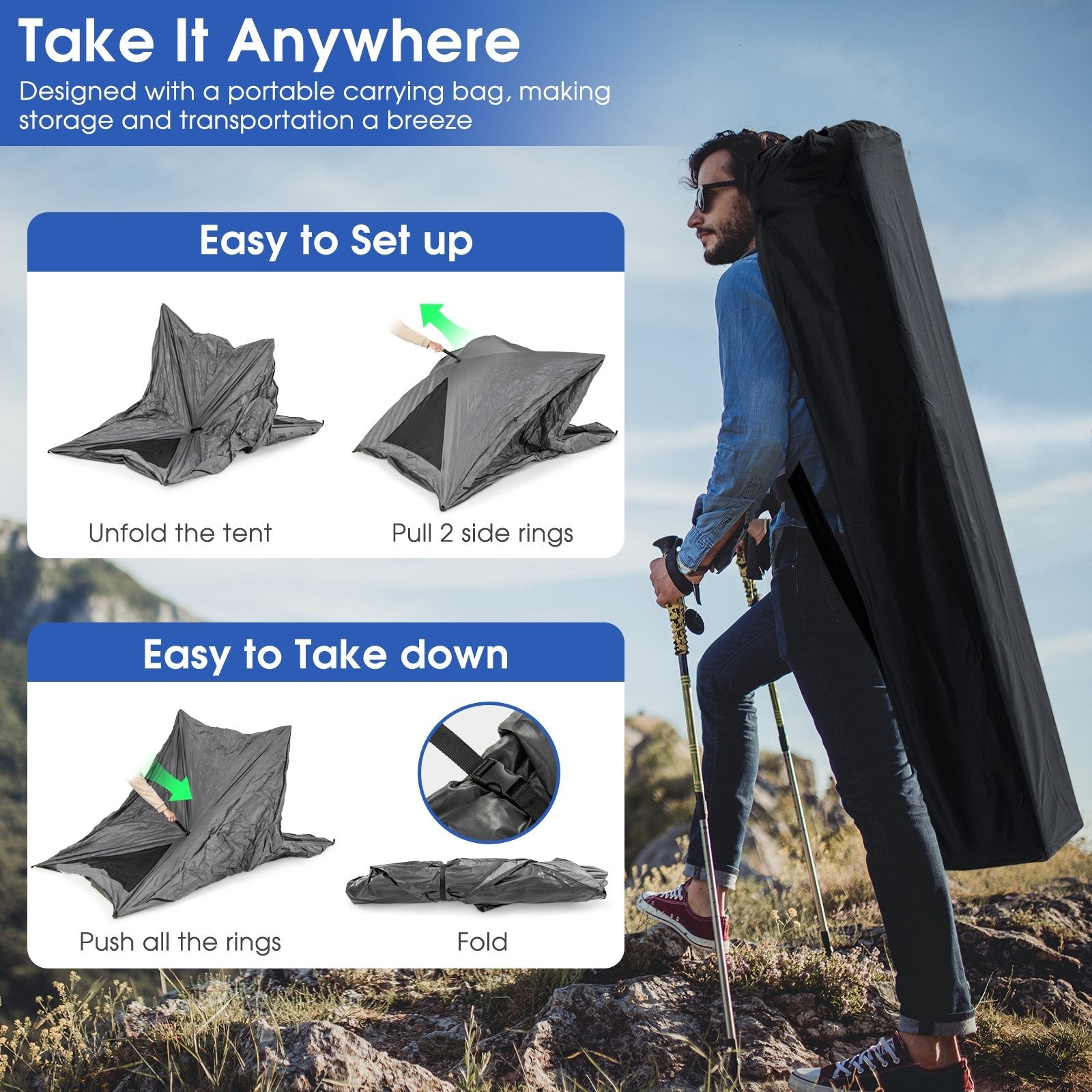 Pop-up Camping Tent for 2-3 People with Carry Bag and Rainfly for Backpacking Hiking Trip, Gray Tents   at Gallery Canada