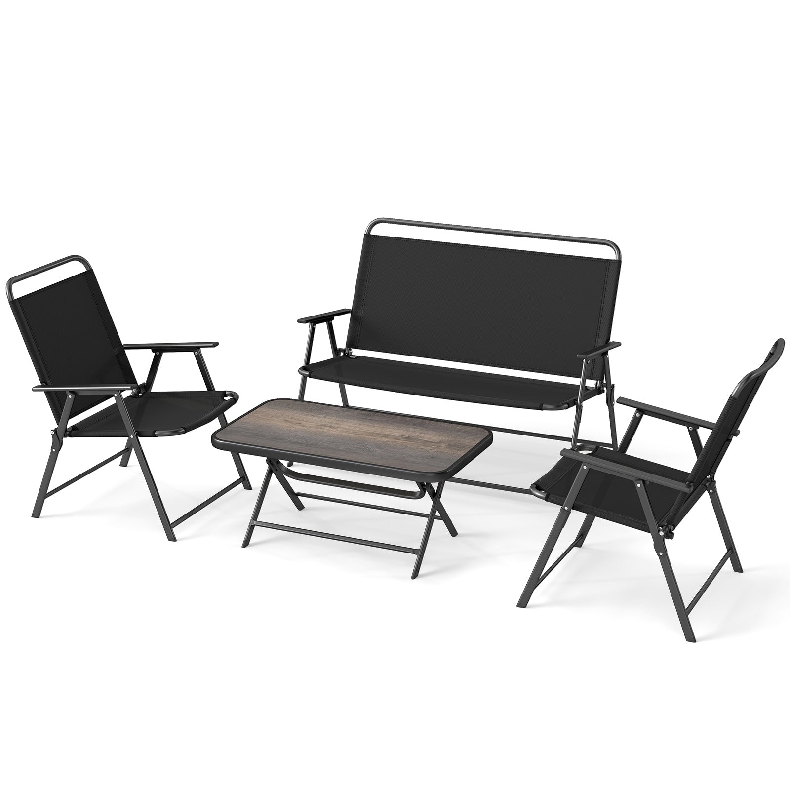 4 Pieces Patio Folding Furniture Set with SPC Coffee Table and Patio Chairs, Black