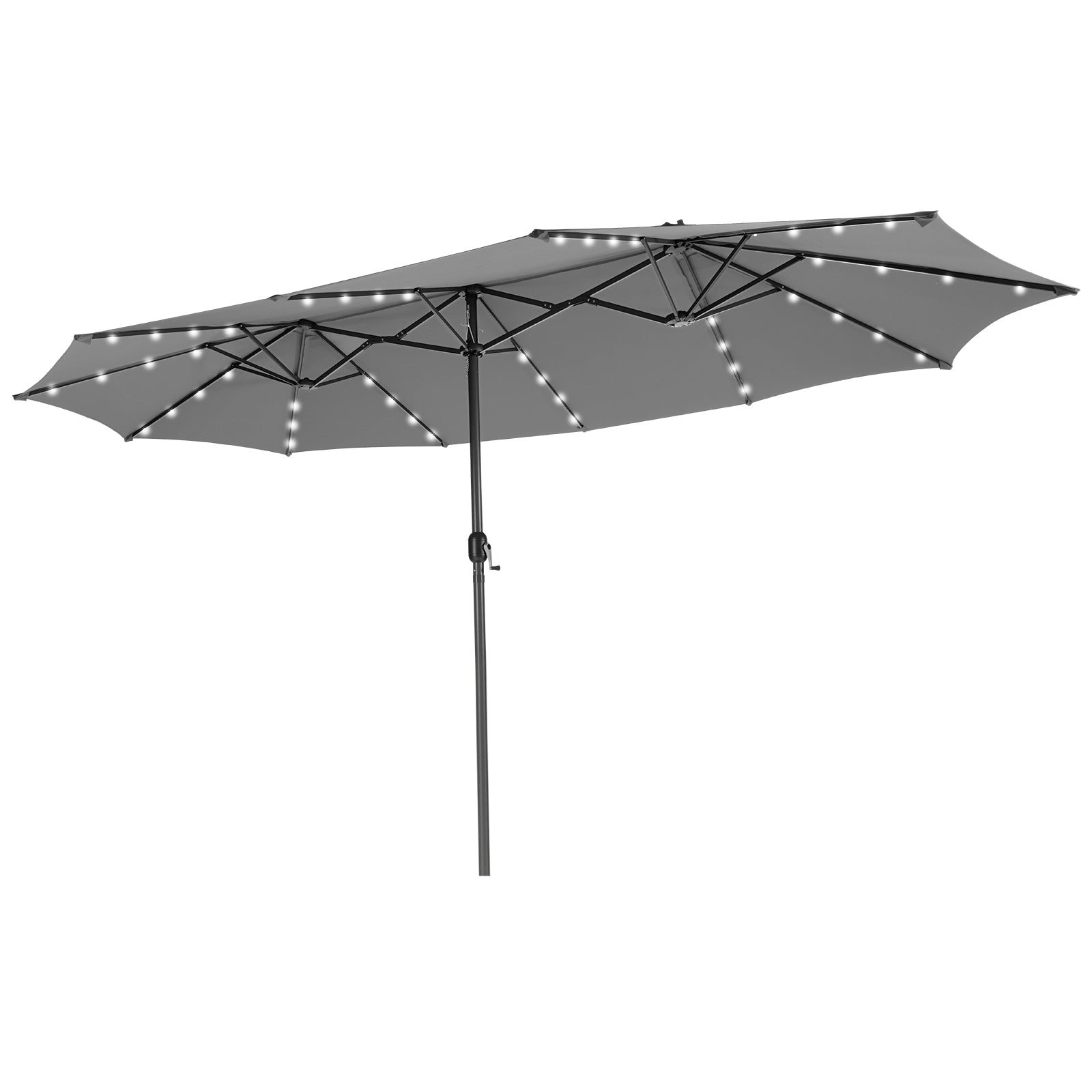 15 Feet Twin Patio Umbrella with 48 Solar LED Lights, Gray