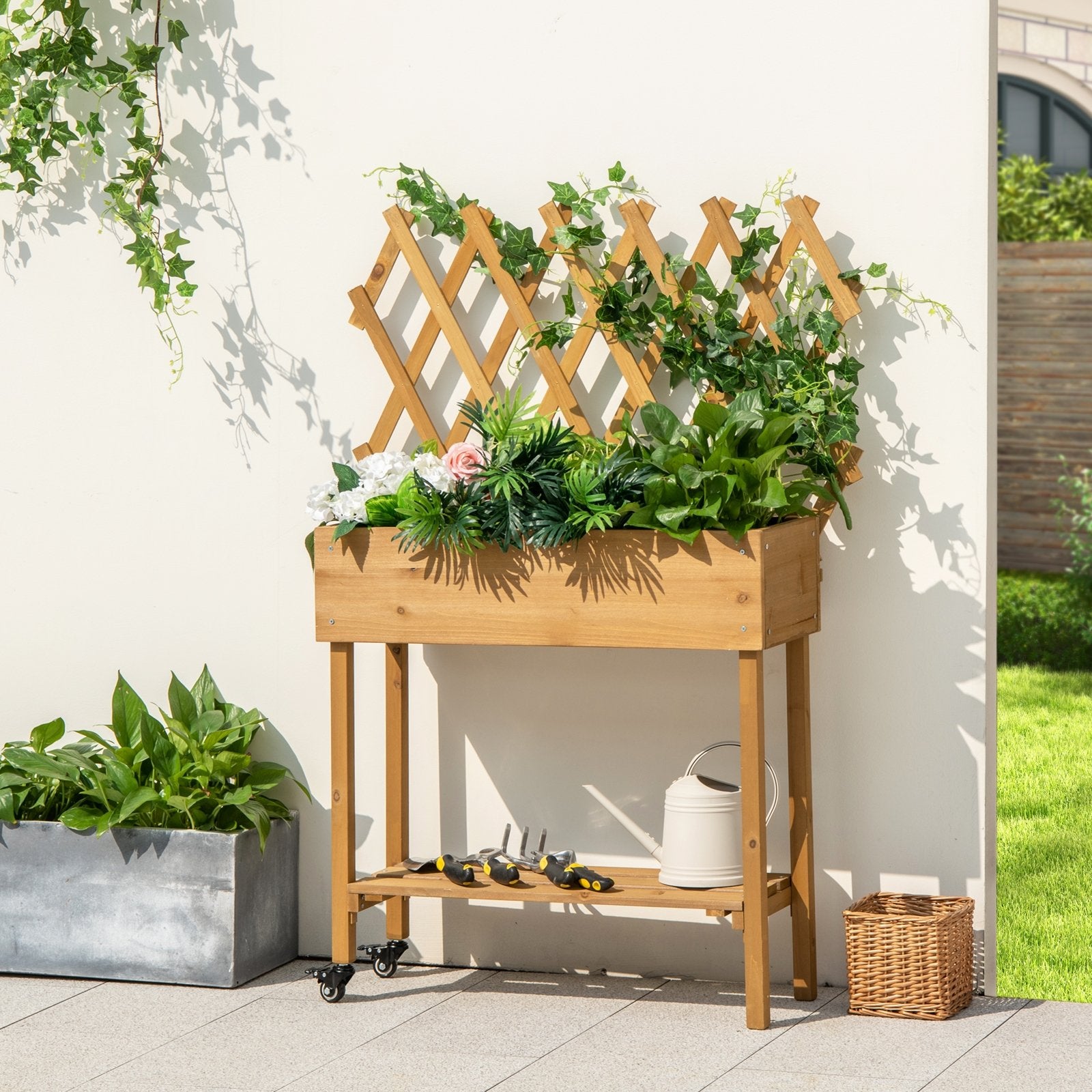 Wooden Raised Garden Bed Mobile Elevated Planter Box with Trellis, Natural Raised Garden Beds   at Gallery Canada