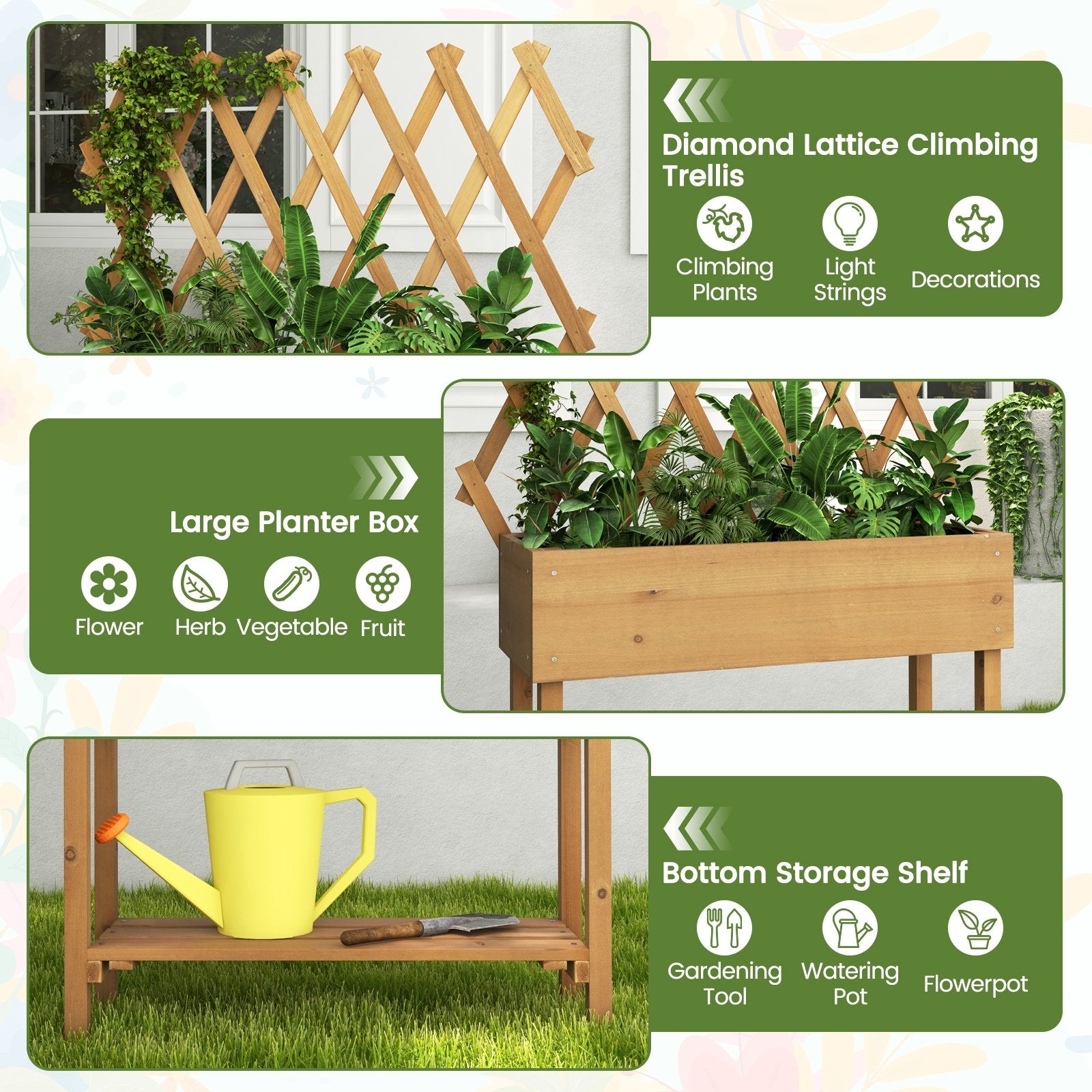 Wooden Raised Garden Bed Mobile Elevated Planter Box with Trellis, Natural Raised Garden Beds   at Gallery Canada