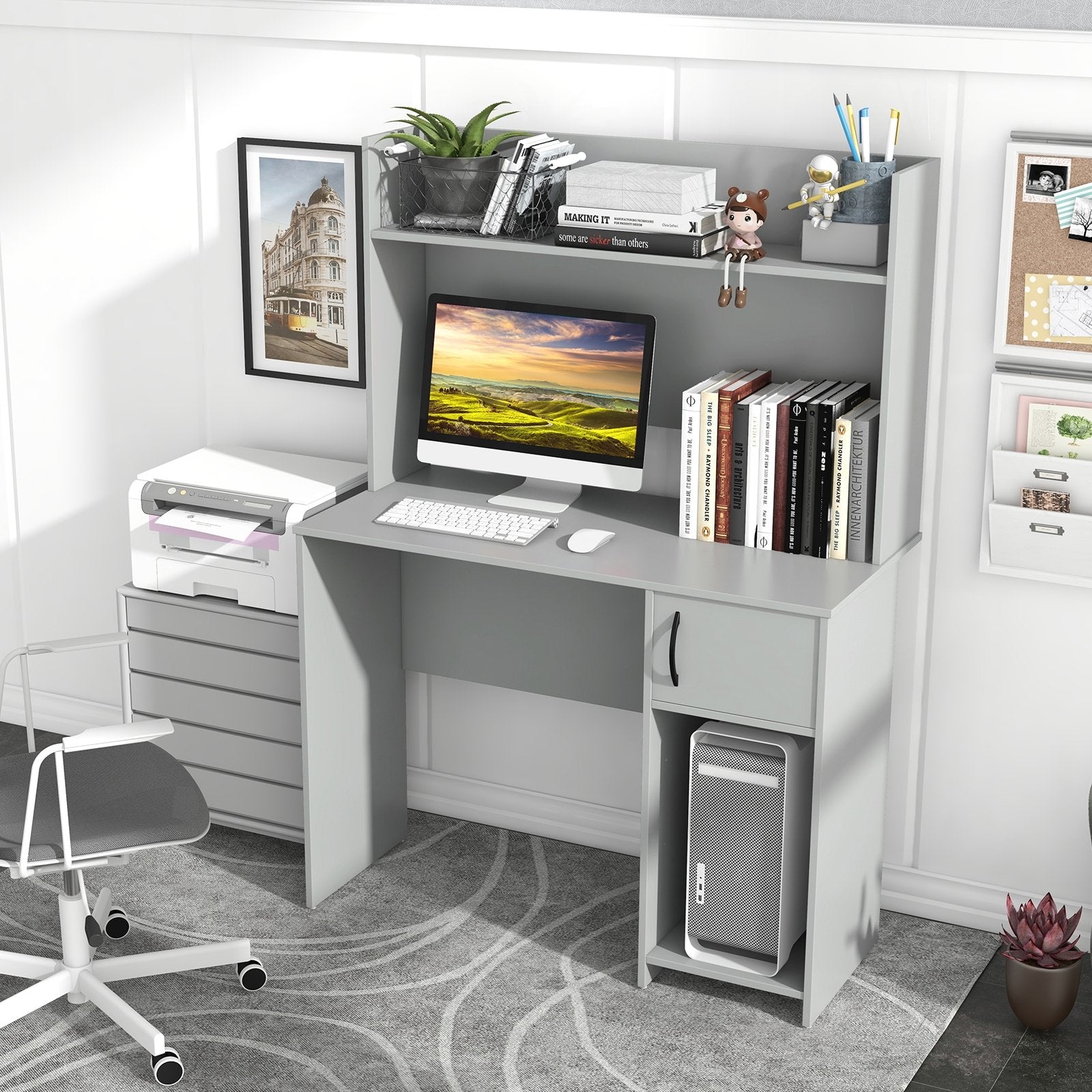 Home Office Desk with Raised Display Shelf and 2 Open Shelves, Gray Office Desks   at Gallery Canada