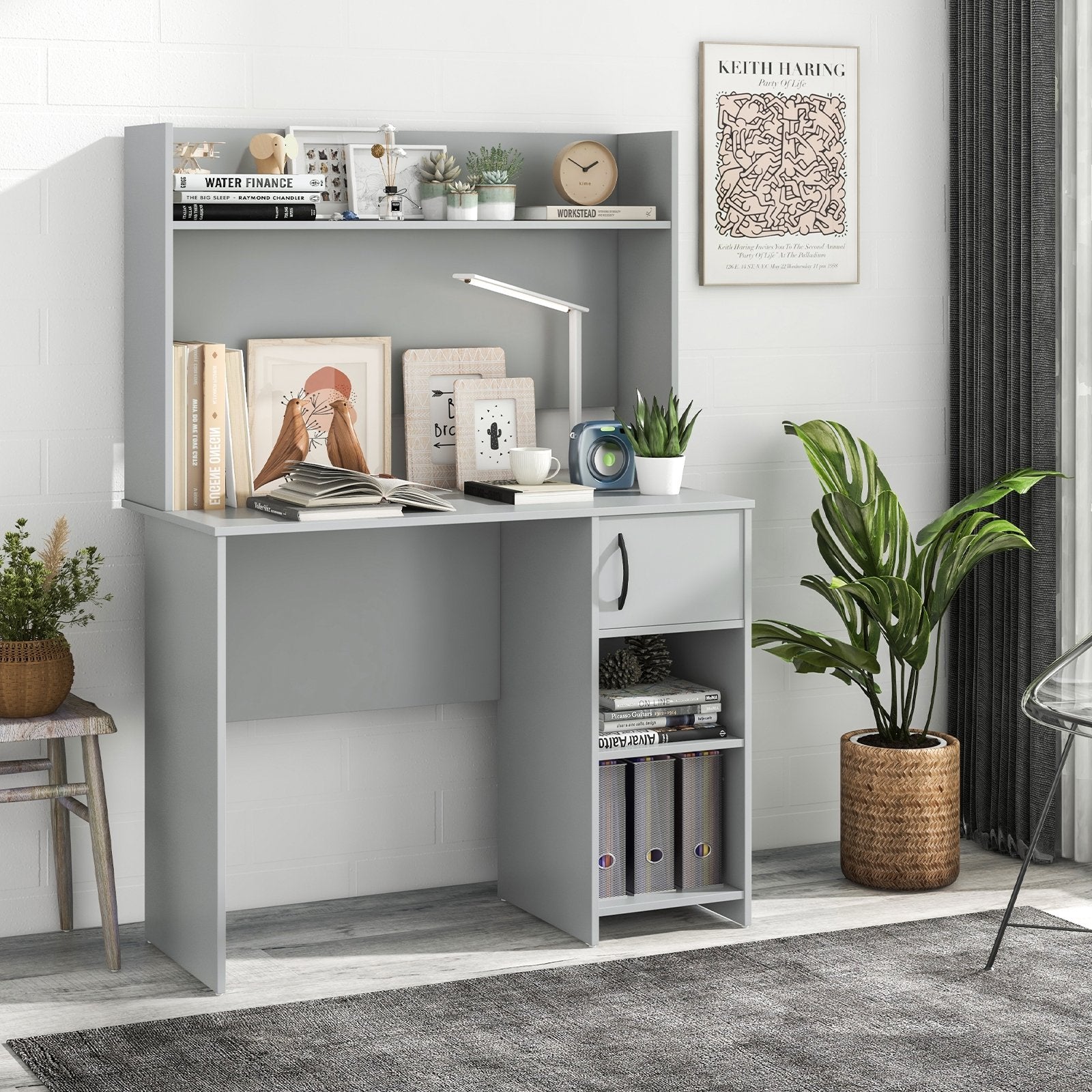 Home Office Desk with Raised Display Shelf and 2 Open Shelves, Gray Office Desks   at Gallery Canada