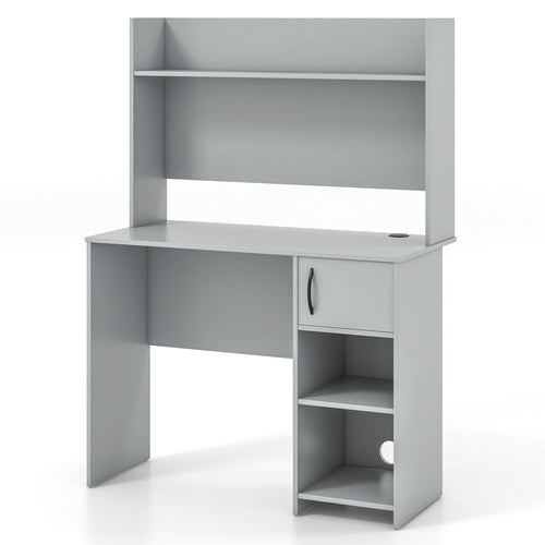 Home Office Desk with Raised Display Shelf and 2 Open Shelves, Gray