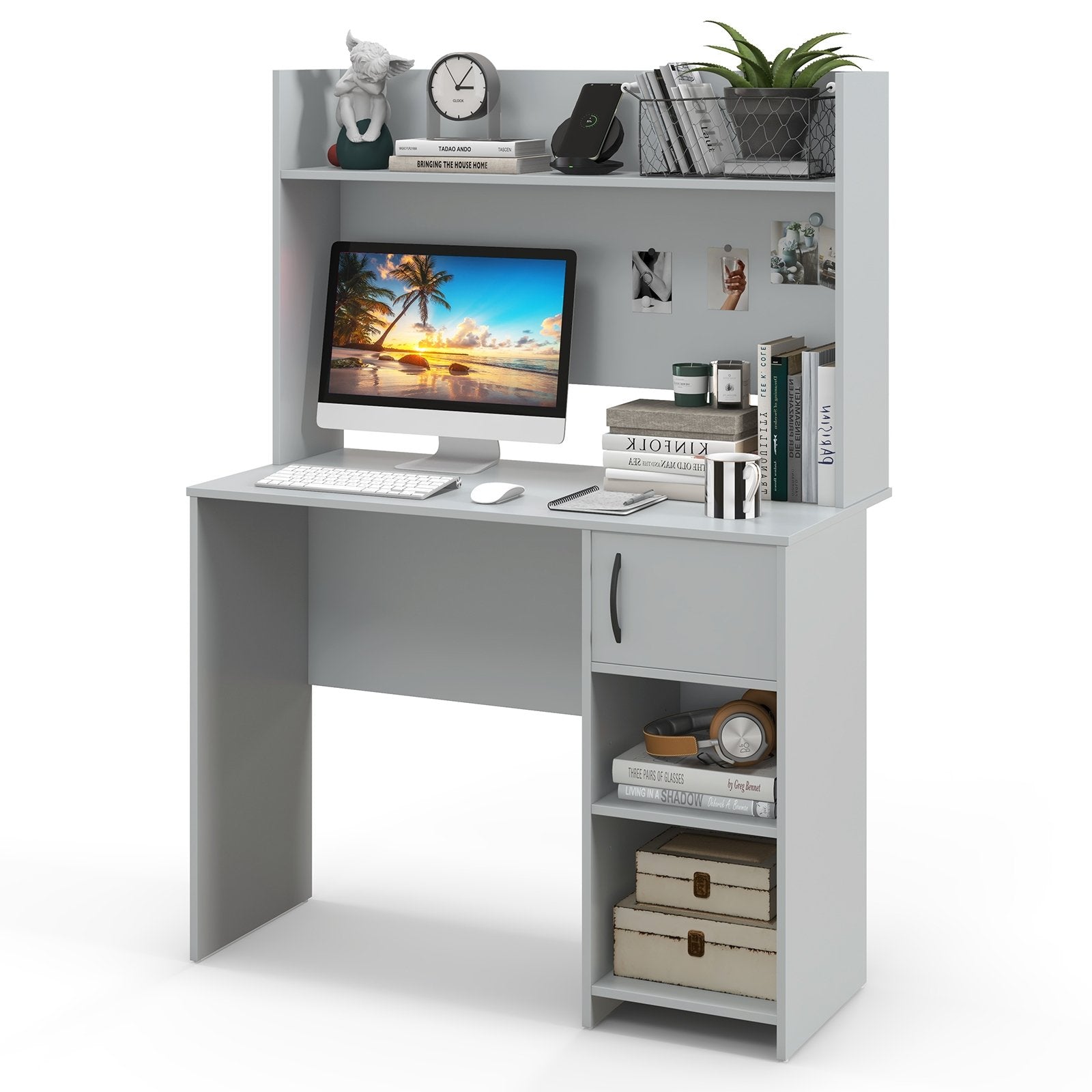 Home Office Desk with Raised Display Shelf and 2 Open Shelves, Gray Office Desks   at Gallery Canada