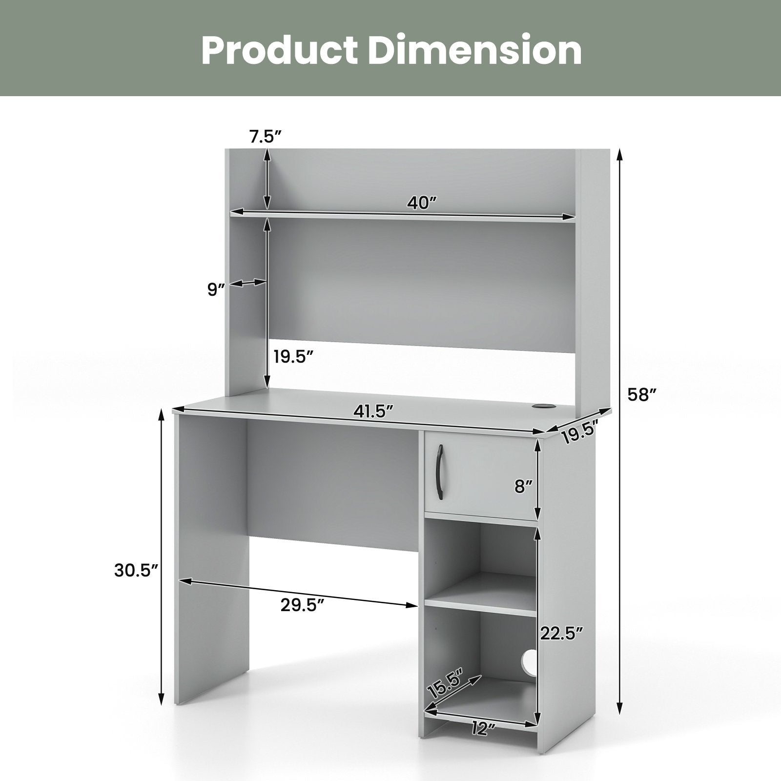 Home Office Desk with Raised Display Shelf and 2 Open Shelves, Gray Office Desks   at Gallery Canada