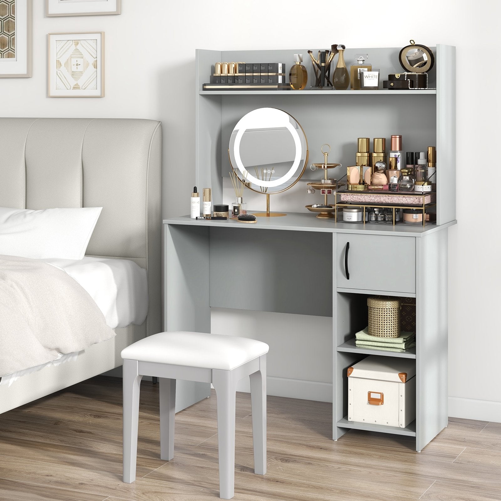 Home Office Desk with Raised Display Shelf and 2 Open Shelves, Gray Office Desks   at Gallery Canada